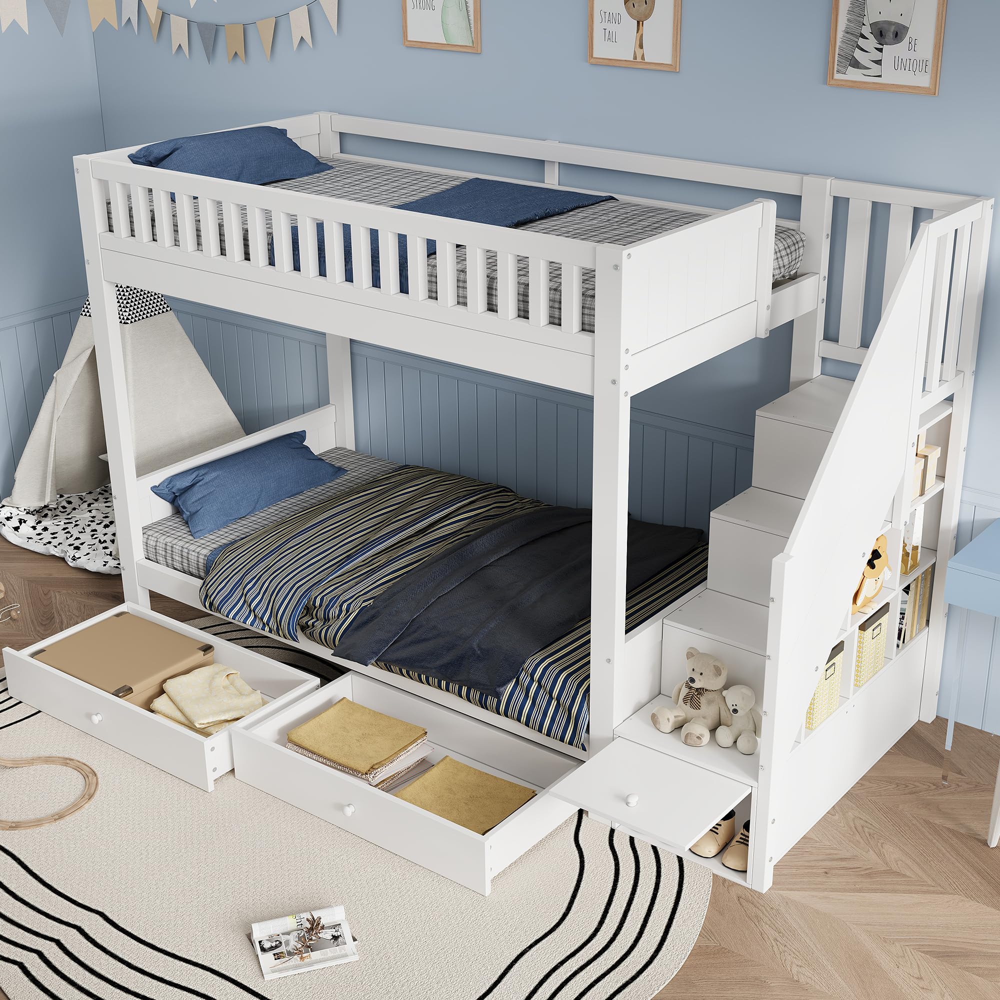 Litera blanca para niños, 90 x 200 cm, de madera, con escalera de almacenamiento, 2 cajoneras, protección contra caídas, cama alta para habitación infantil, sin colchón