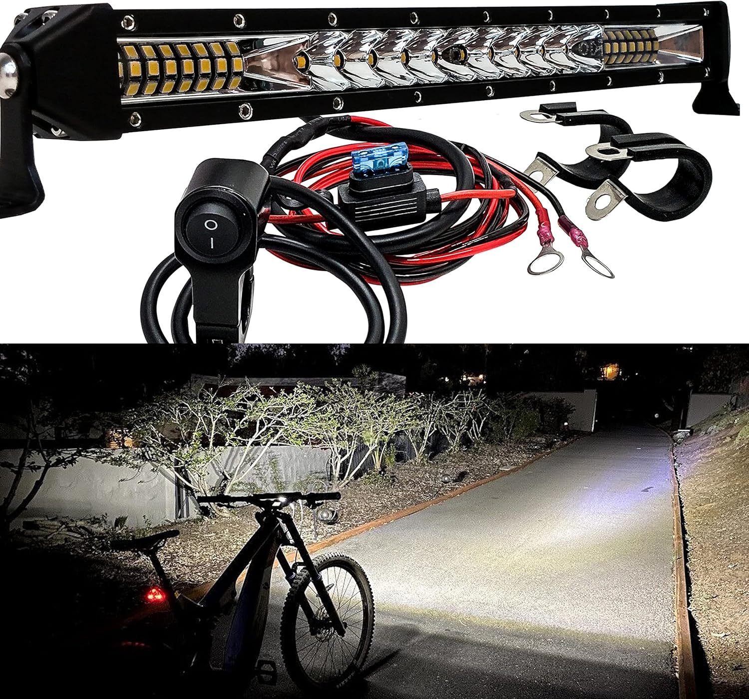 OZ-USA Motorcycle ATV White Amber Dual LED Light Bar Handlebar Clamp Rocker Switch Wire Harness Kit Dirt Bike