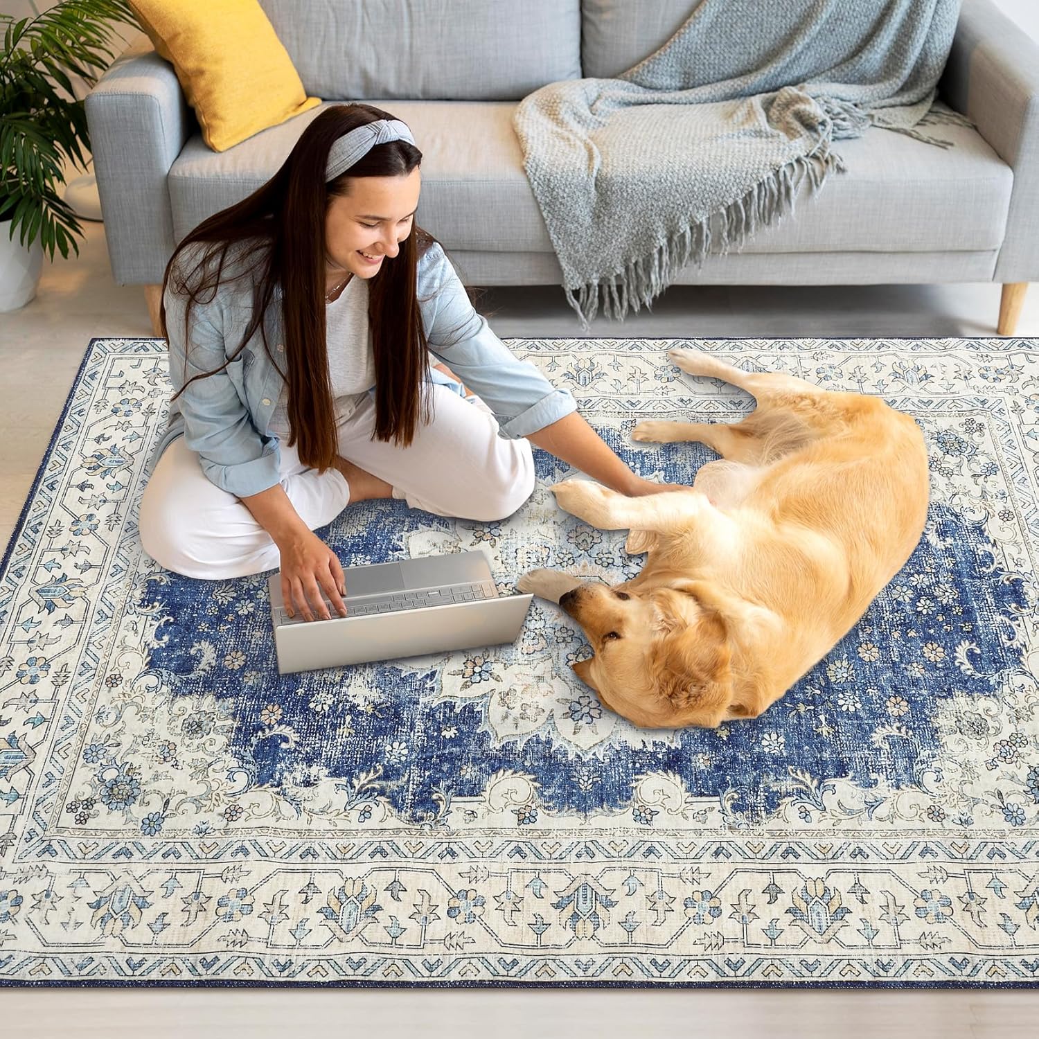 Vintage Area Rugs, Boho Traditional Washable Rug Floral Print Carpet, Low Pile Non-Slip Rubber Backing Foldable Mat for Bedroom Dining Room Office Living Room, Blue, 2x3