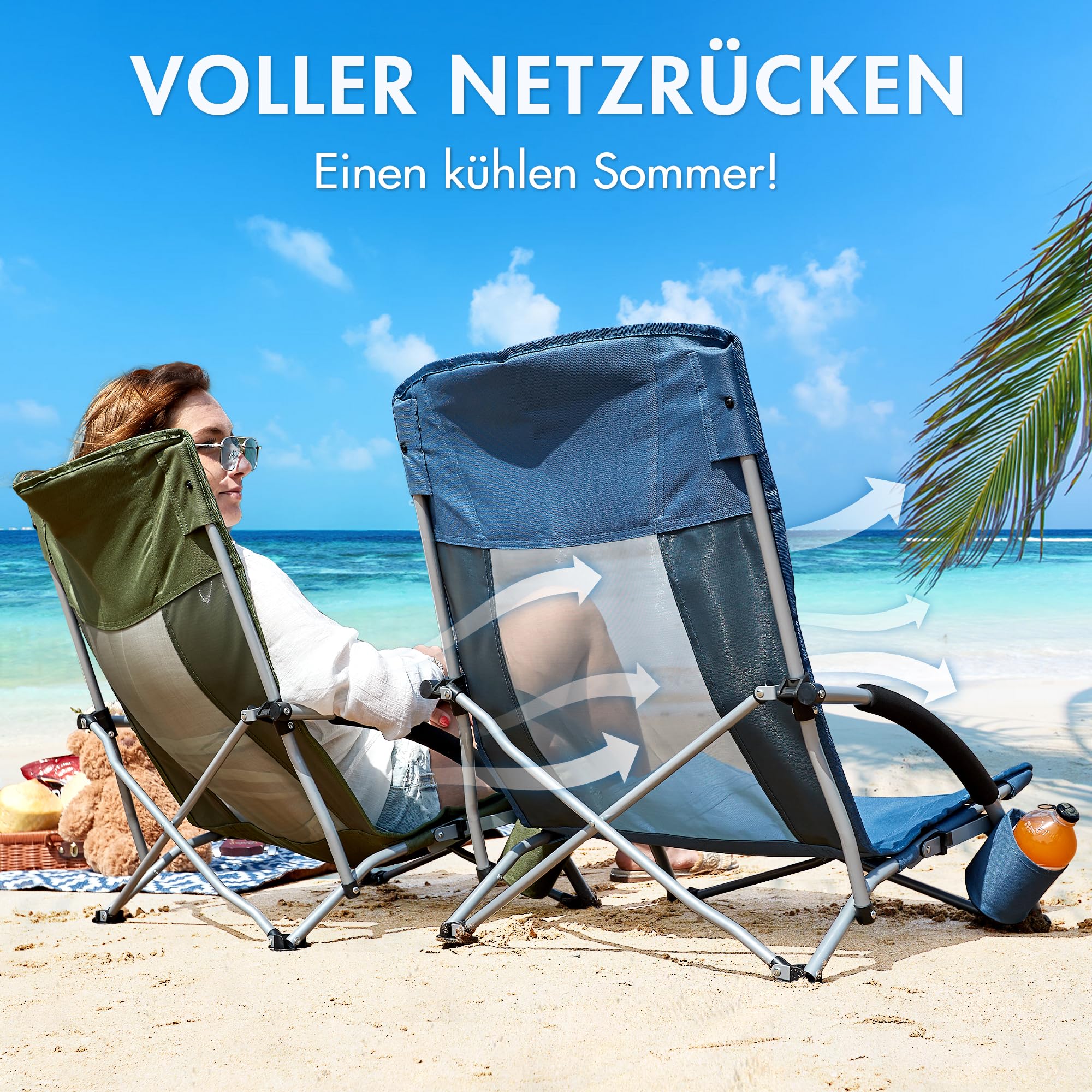 Portal Strandstühle für Erwachsene, 2 Stück, hohe Rückenlehne, niedrig, faltbar, Campingstuhl, tragbar, leicht, mit Getränkehalter, für Reisen, Konzert, Rasen, Festival, Unterstützung 180 kg