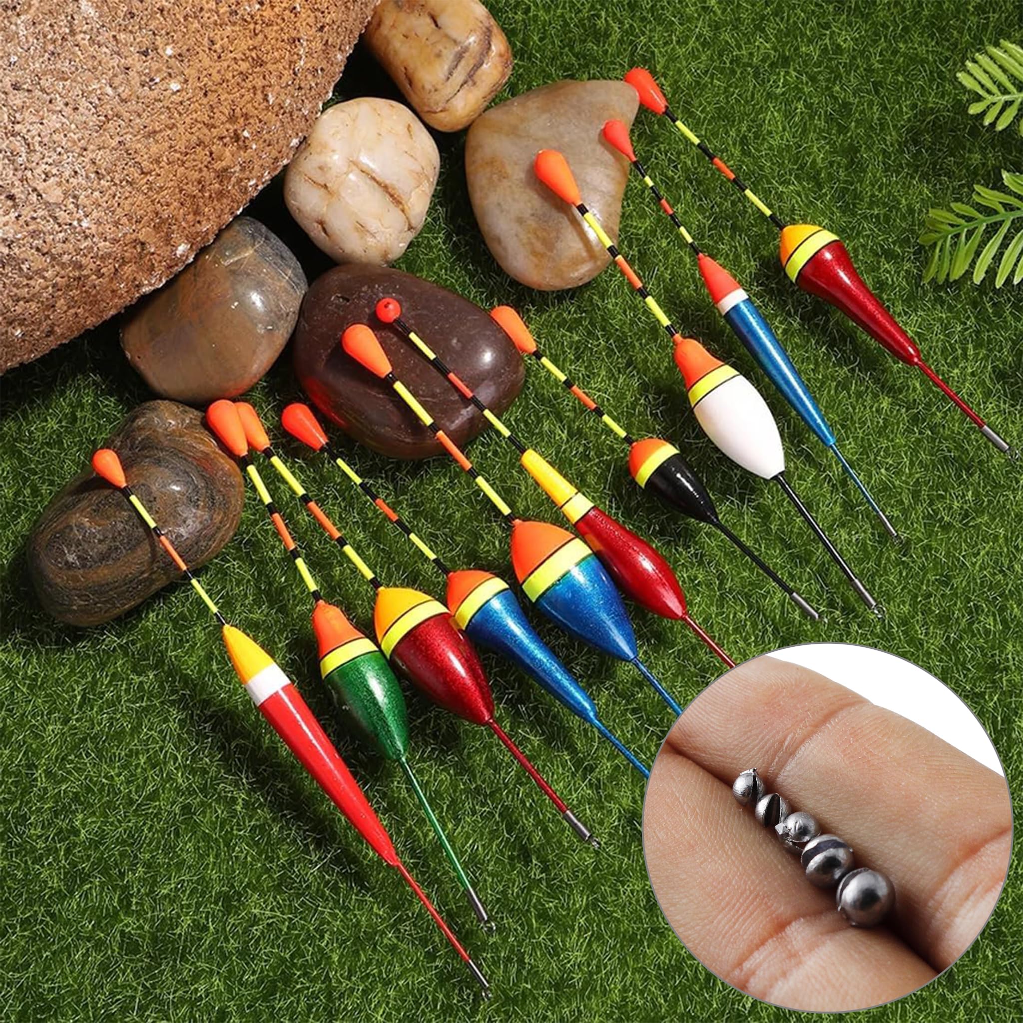 Set Angelposen: 10 Posen para Truchas, 100 Plomos de 5 Tamaños, Accesorios de Pesca para Lago o Estanque - Juego Completo para Caja de Pesca