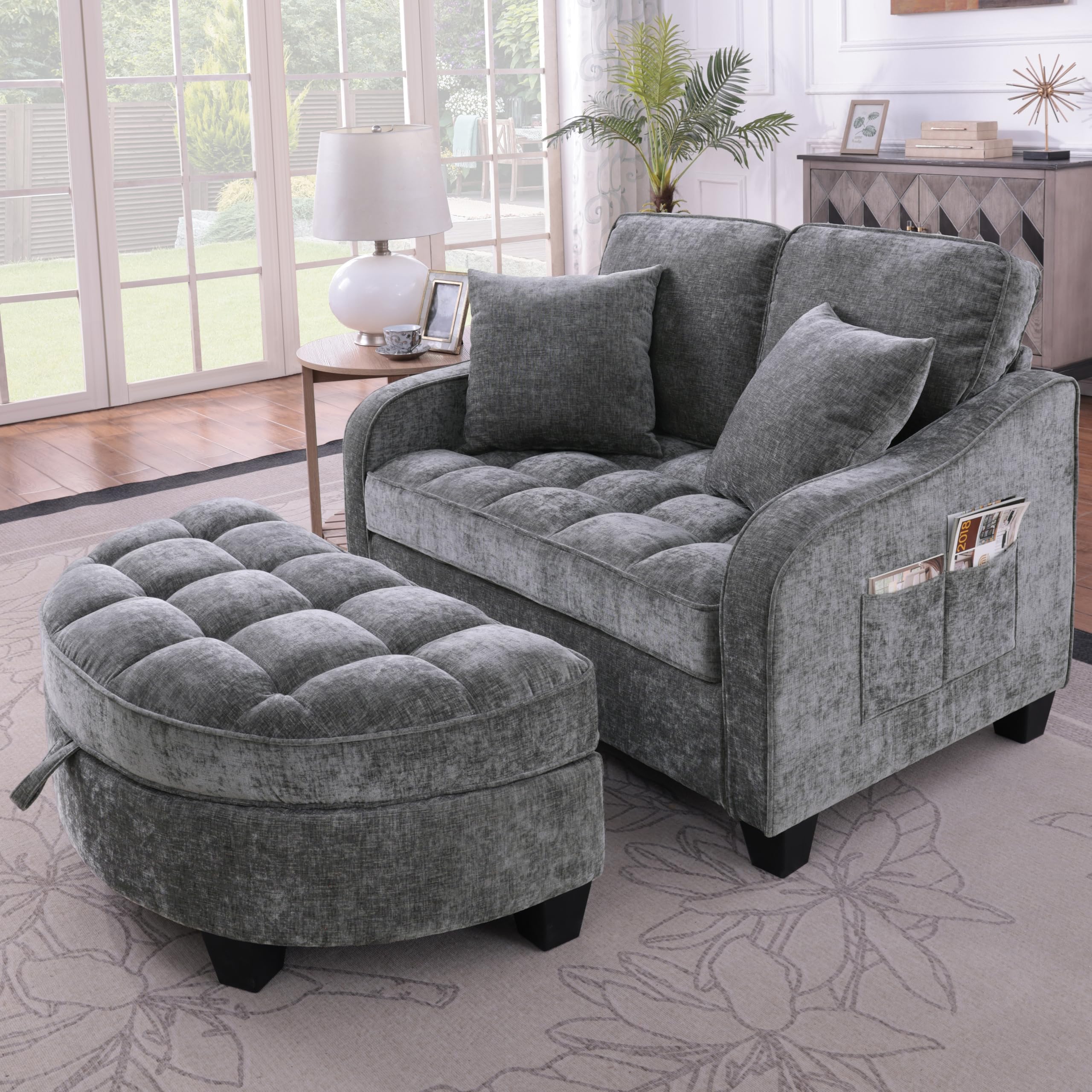 Sofá con función de dormir, sofá pequeño, chaise longue, sofá cama 2 en 1, taburete de almacenamiento y 4 cojines, para sala de estar, estudio, dormitorio, 132 × 129 × 93 cm (gris oscuro)