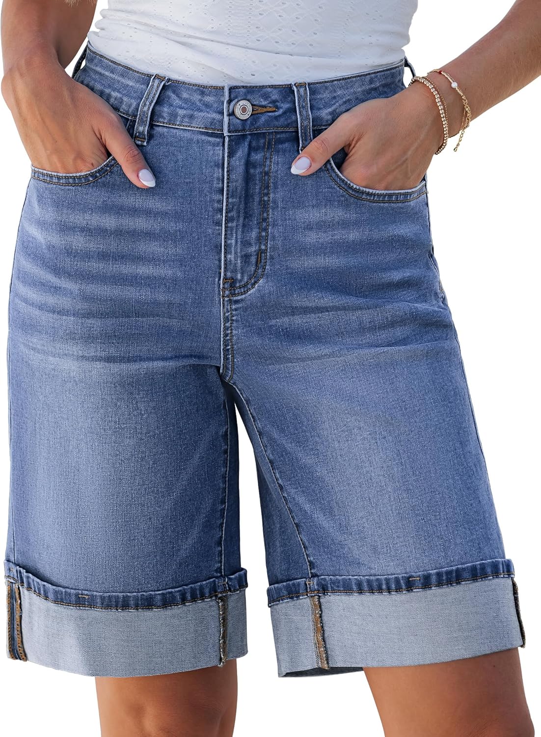 luvamia Jean Bermuda Shorts for Women High Waisted Knee Length Cuffed Long Stretchy Denim Shorts Loose Summer Jorts