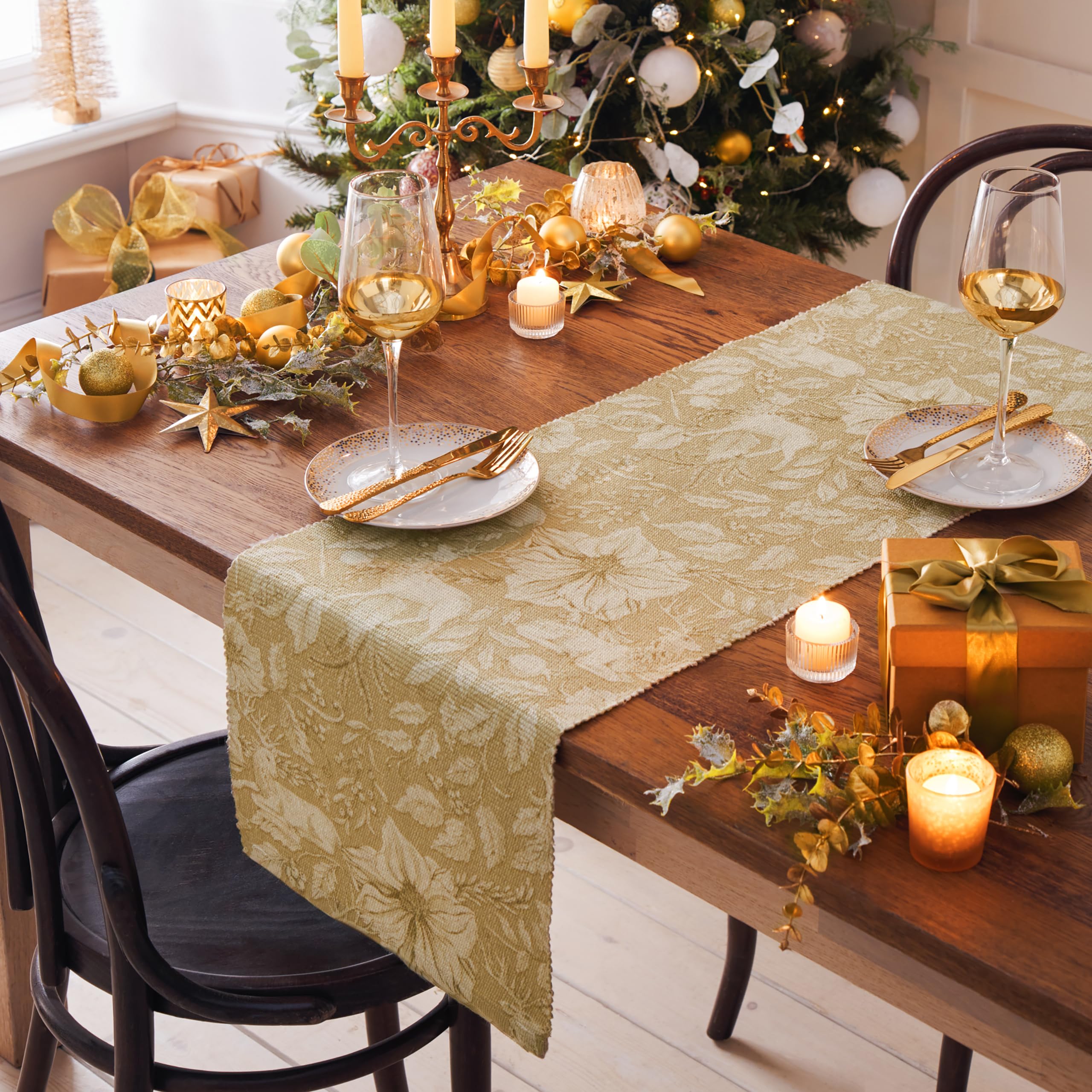 Paoletti Gold Stag Table Runner – Washable Floral Festive Fruit Quick Drying Dining Table Decoration (Gold - 180x35cm)