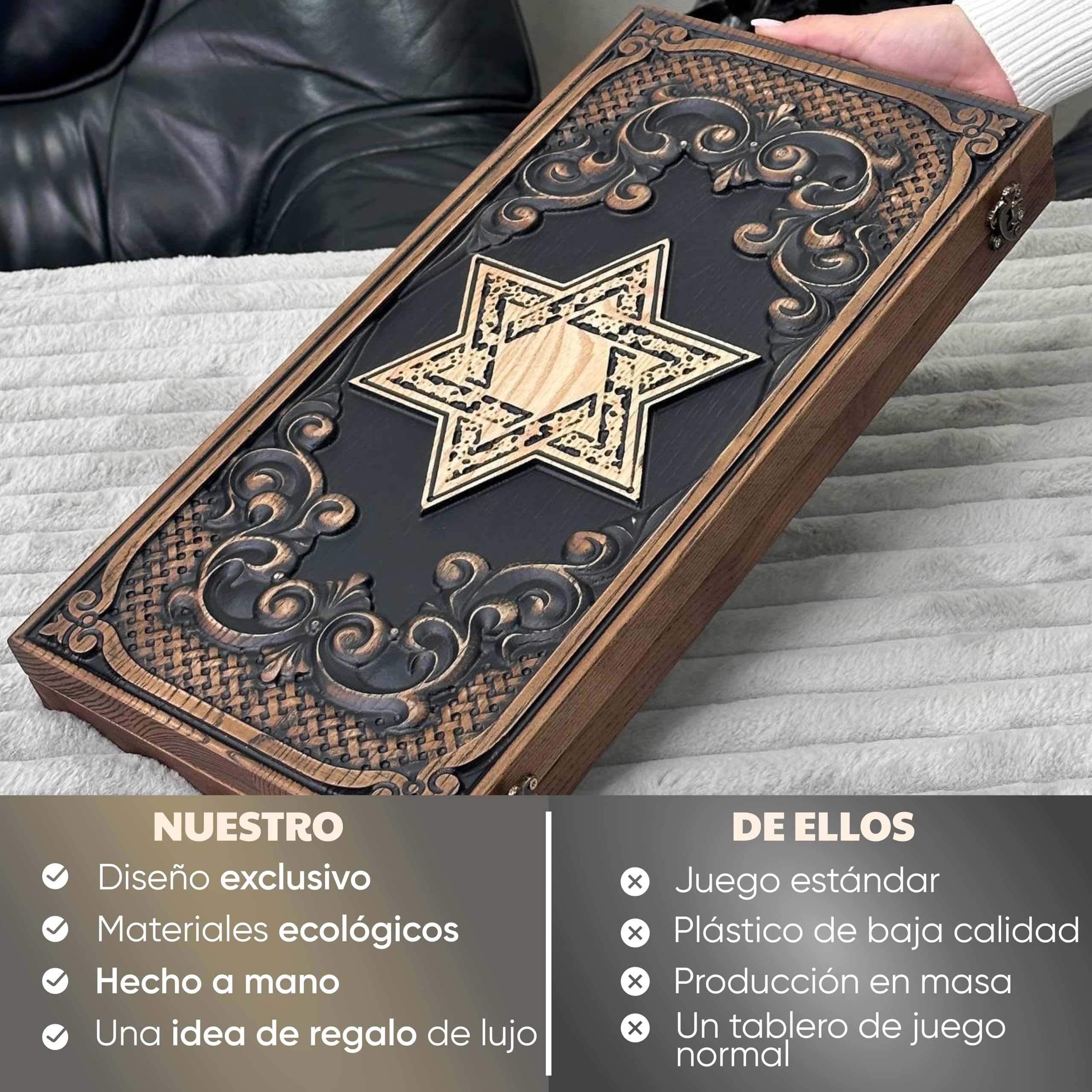 Backgammon de madera de fresno – Estrella de David grabado – 48 × 23 cm – Juego de fichas epoxi hecho a mano – Idea de regalo para los conocedores "Estrella de David" (2 diseños)