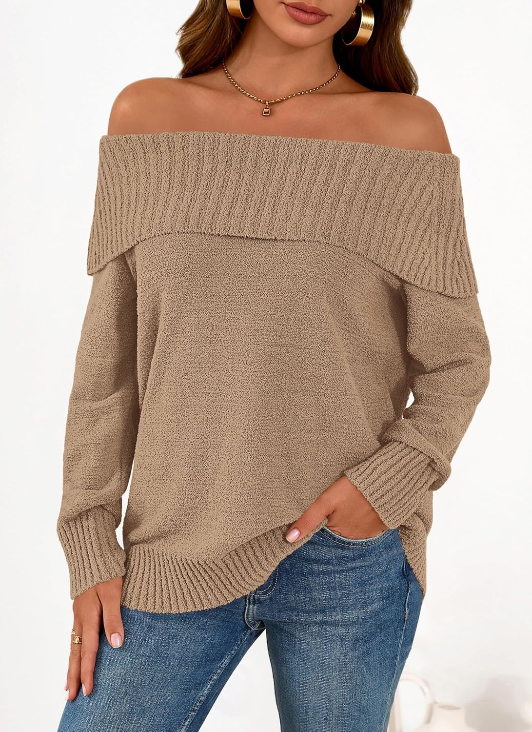 Okiwam Womens Off The Shoulder Sweater Casual Loose Knitted Long Sleeve Pullover Fall Outfits Spring Fashion Clothes 2026 - Image 2