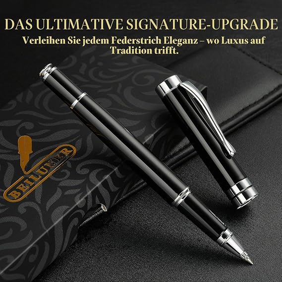 BEILUNER High Quality Rollerball Pen Elegant Metal Pen in Black Chrome with Silver Accents Luxury Gift Set for Men & Women Ideal for Office & Executives Includes Gift Box & 0.5mm Refill