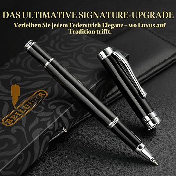 BEILUNER High Quality Rollerball Pen Elegant Metal Pen in Black Chrome with Silver Accents Luxury Gift Set for Men & Women Ideal for Office & Executives Includes Gift Box & 0.5mm Refill