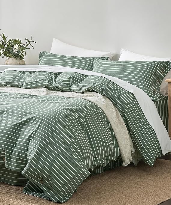 JELLYMONI 100% Washed Cotton Forest Green Striped Duvet Cover Set Twin