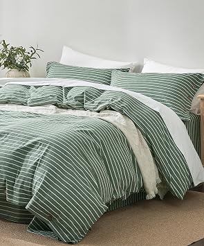 JELLYMONI 100% Washed Cotton Forest Green Striped Duvet Cover Set Twin