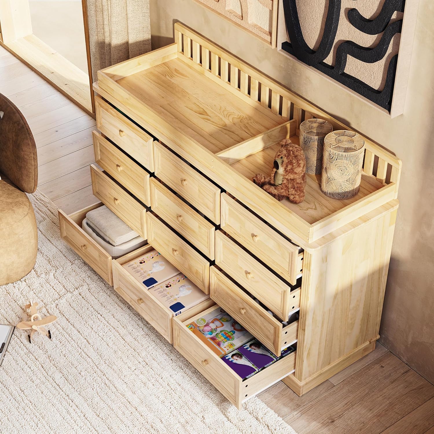 Image showing the Homsee dresser with multiple drawers open, revealing organized baby items inside.