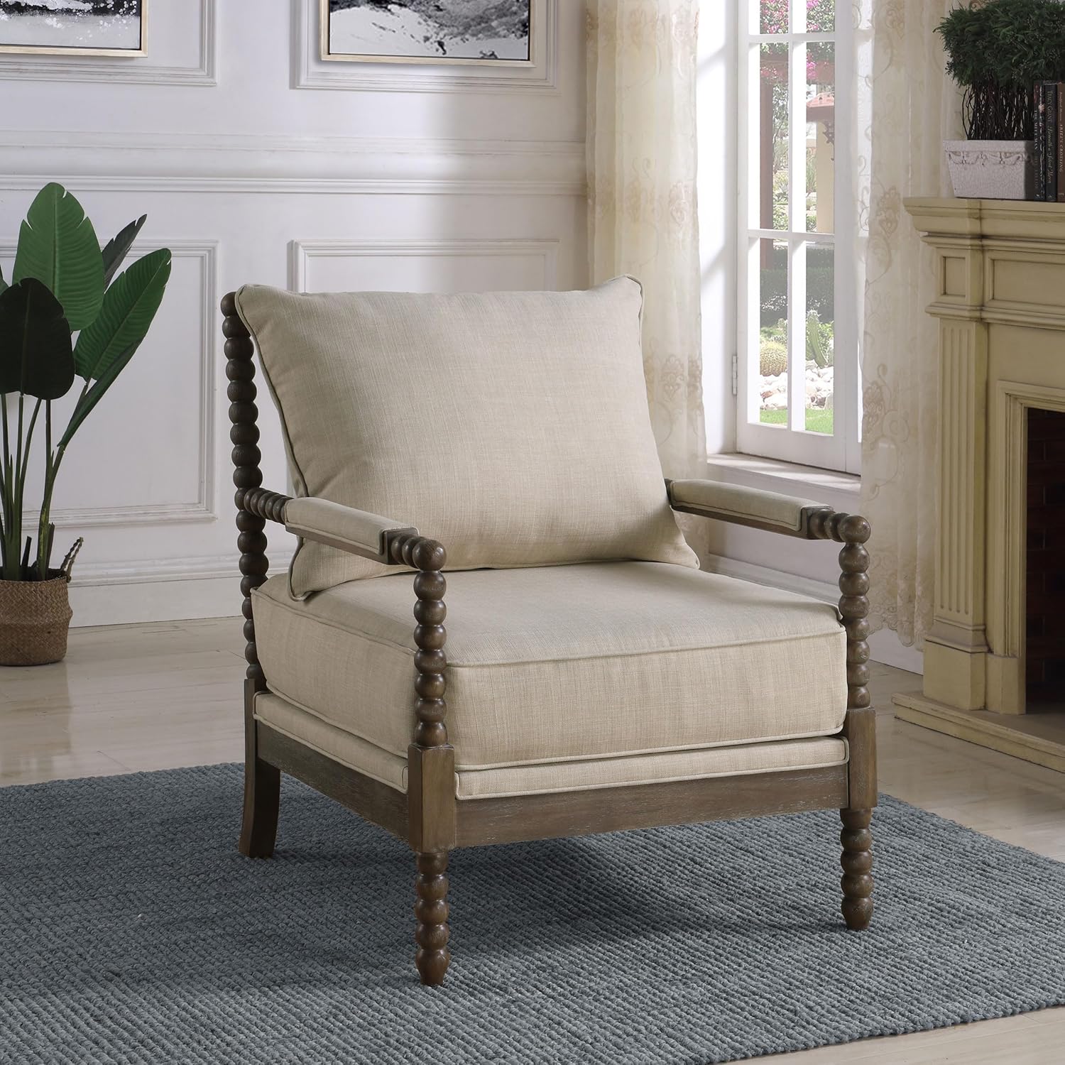 Coaster Home Furnishings - Blanchett - Upholstered Bobbin Accent Chair with Beaded Design, Wood Frame and Padded Arms - Living Room - Beige and Natural - 905362