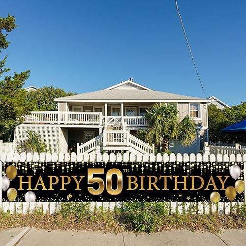 Miniatura 6 de Cartel de decoración de 50 cumpleaños para patio, decoración de feliz cumpleaños número 50 negro y dorado para hombres y mujeres, telón de fondo de