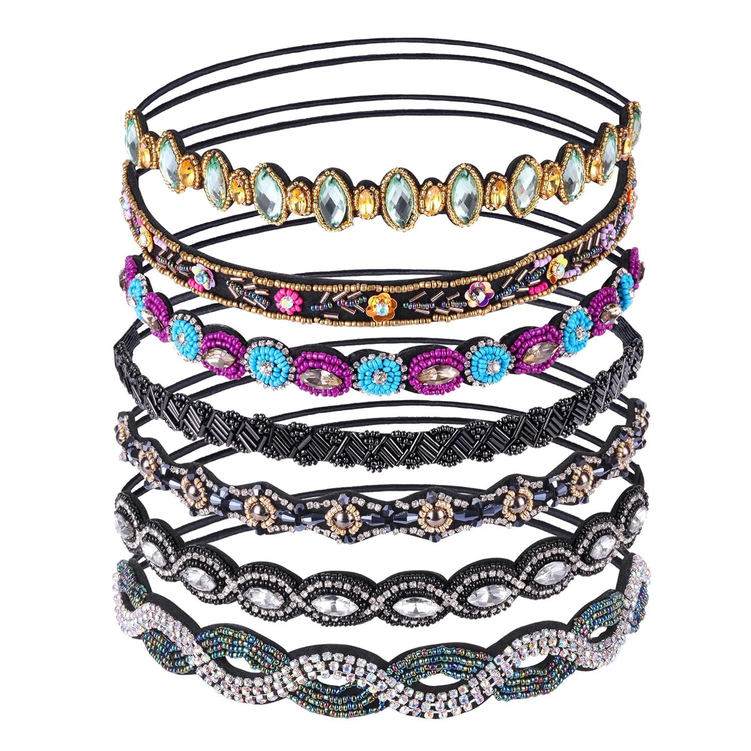 inSowni 7 Pack Handmade Rhinestone Crystal Beaded Elastic