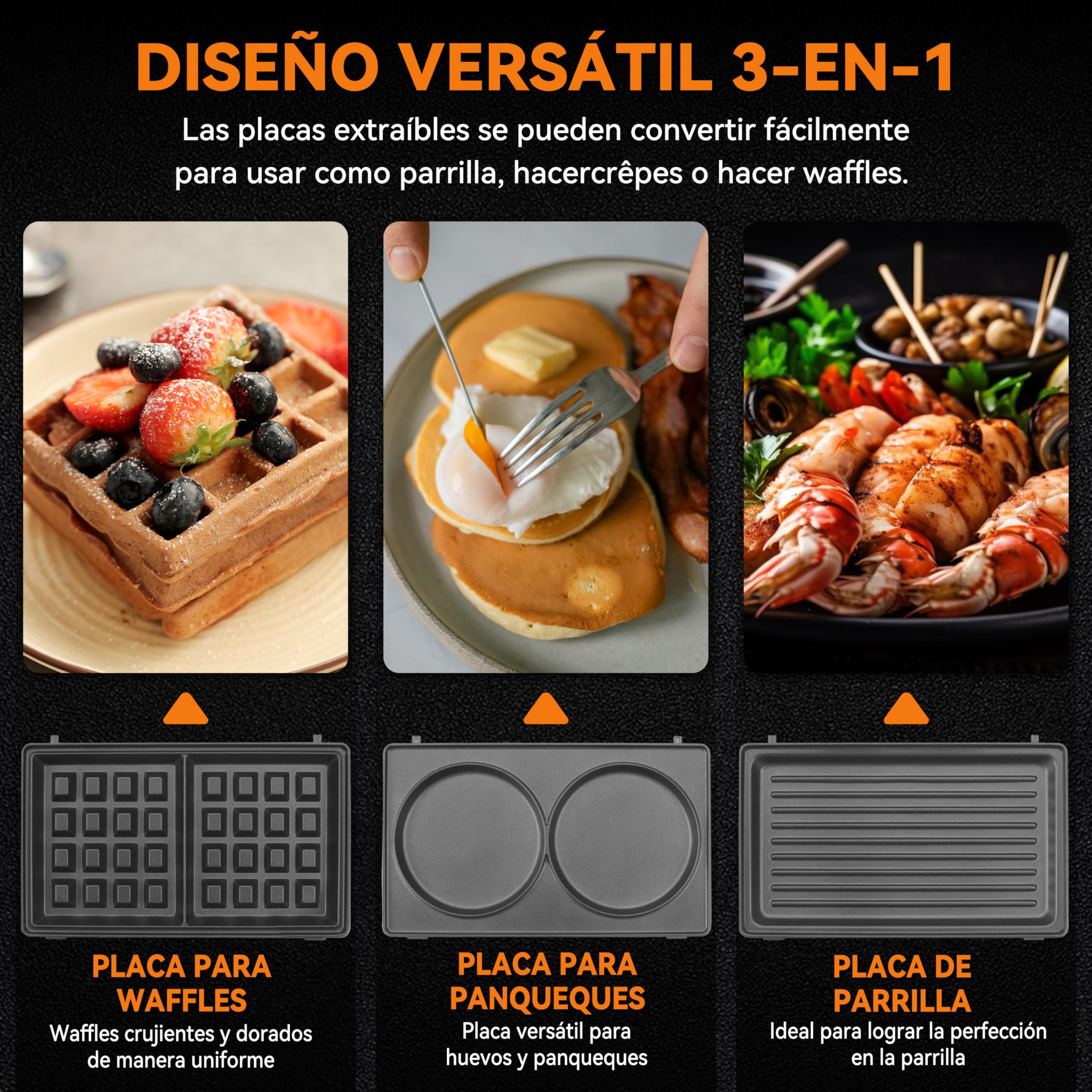 Baker's Friend Plancha para Waffles 3 en 1 con Placas Extraíbles, Plancha para Waffles Cuadrada con Placas Extraíbles, Prensa para Panqueques y Sándwiches, Fabricante de Queso a la Parrilla, Antiadher