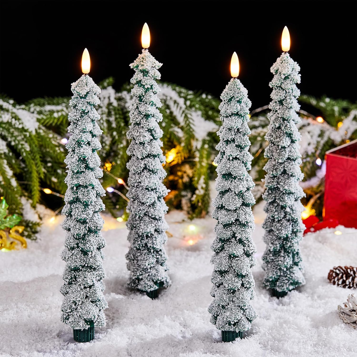 4 Pack Christmas Tree Candles Covered in Snow with Remote, 11 Inch Real Wax flameless Taper Candles, LED Candle Battery Operated with 3D Flickering Flame, Green Candlesticks Christmas Decor