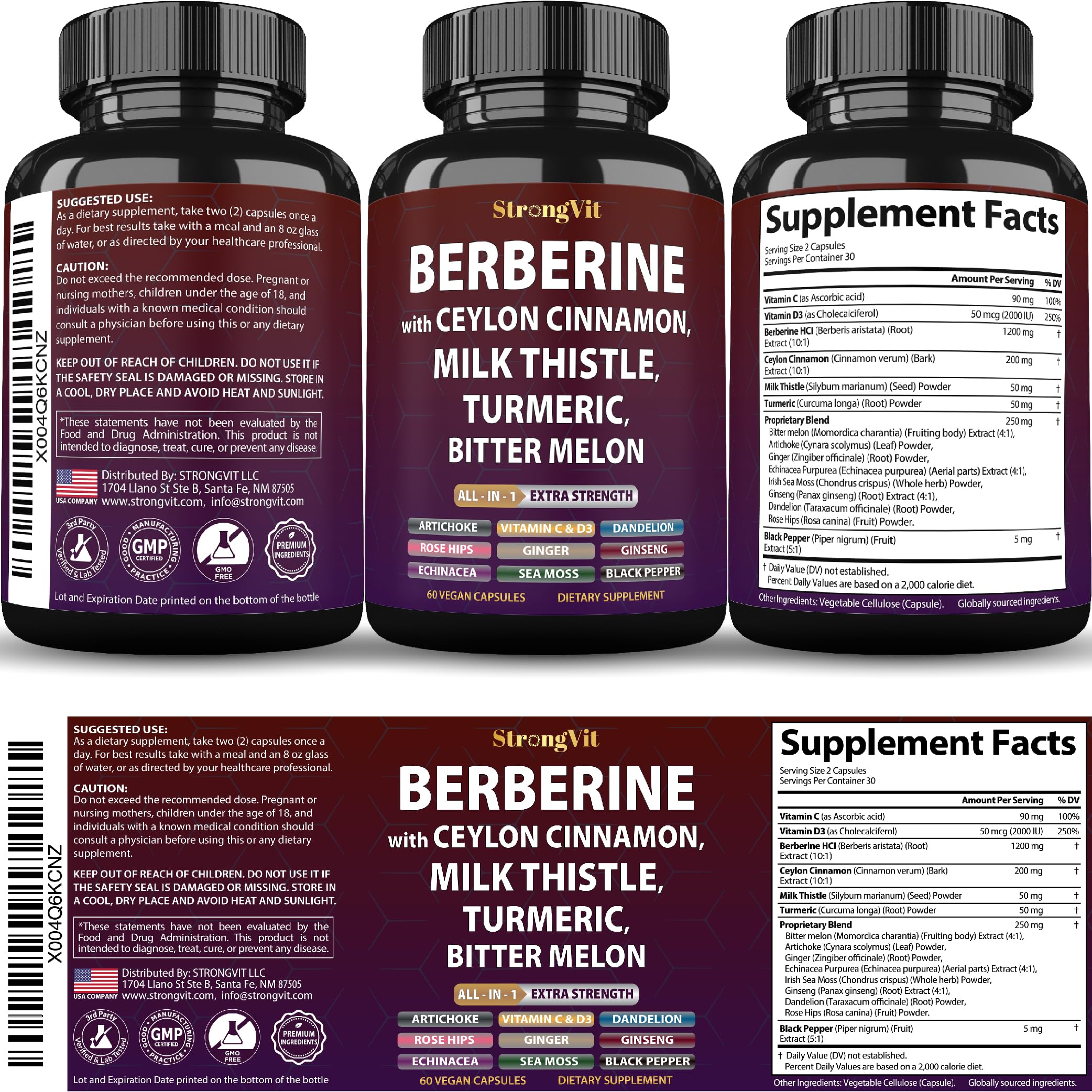 StrongVit Berberine with Ceylon Cinnamon Supplement, Milk Thistle, 60 Caps — Amazon image 8
