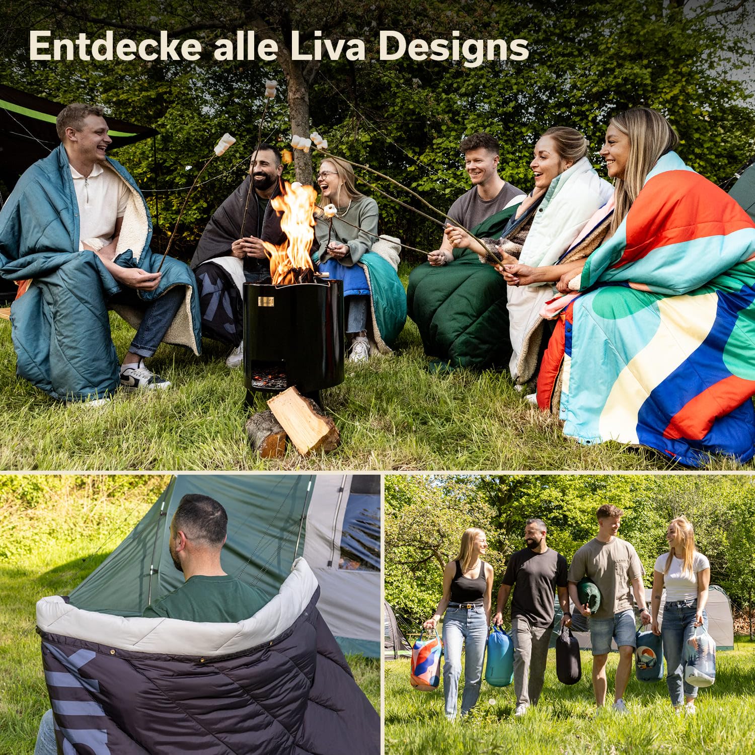 Skandika Koc kempingowy Liva | koc outdoorowy 4 w 1, 200 x 135 cm, narzuta, śpiwór, poduszka, z pluszowym futerkiem lub nylonowym spodem, watowanie z poliestru, wodoszczelny (czarny, nylon)