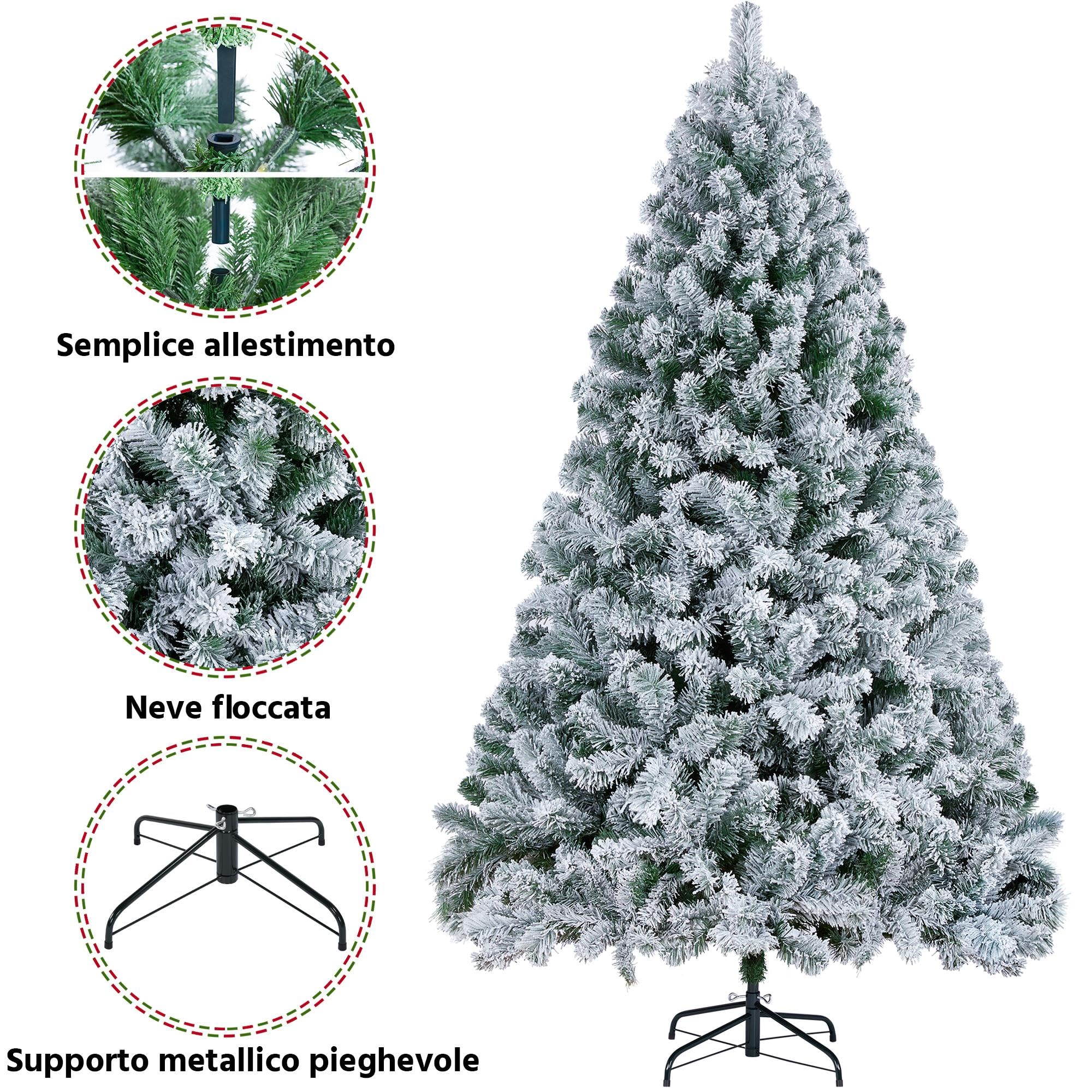 Yaheetech Albero di Natale Innevato Artificiale 228 cm Effetto Realistico Folto 1284 Rami con Supporto in Metallo Pieghevole Decorazioni Nataliaze Bianco
