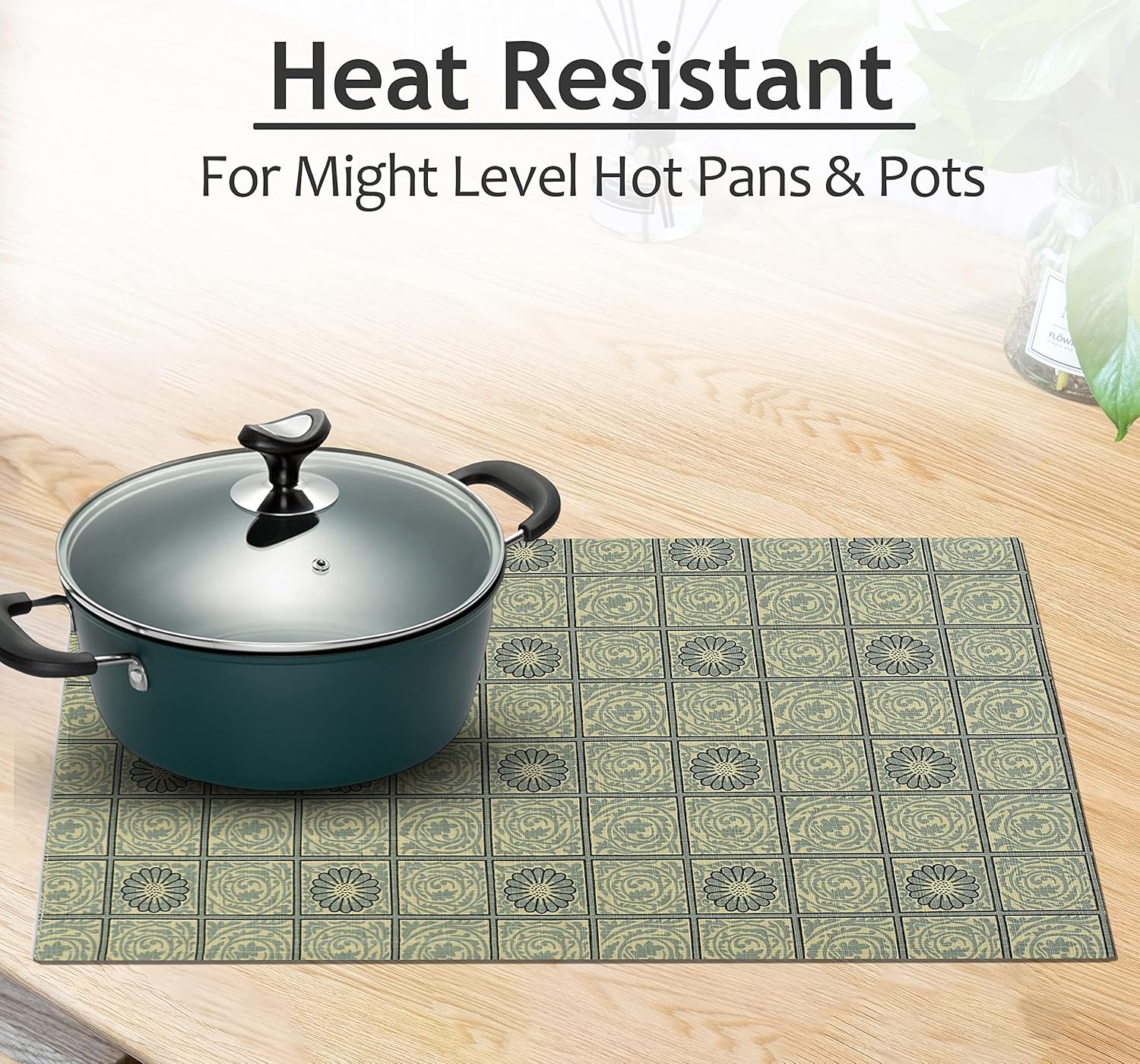 Floral Tiles Green Cotton Rectangle Placemats Set of 6