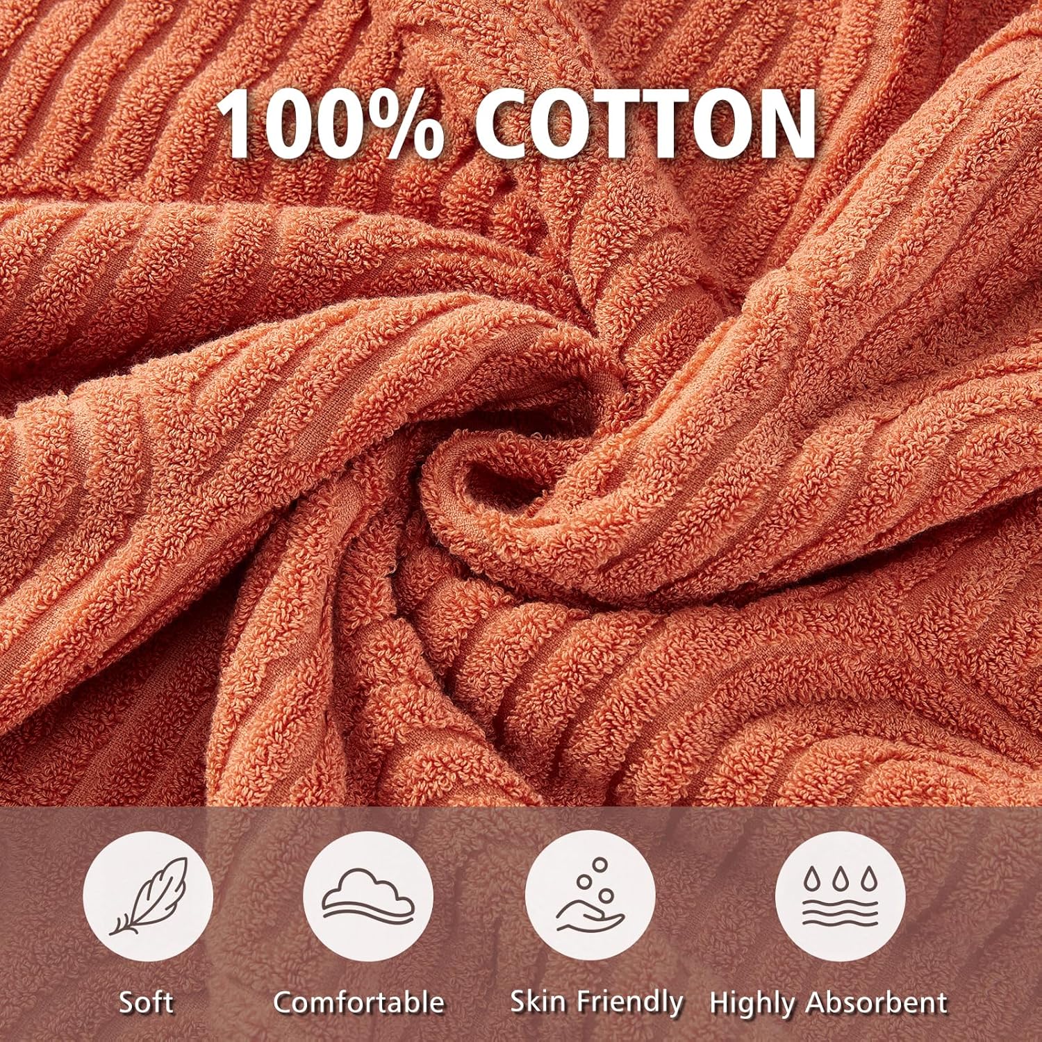 HEAVYWOOD Bath Towels Wave Pattern Jacquard 2pc 100% Cotton Reversible, Soft & Absorbent Decorative Bath Towel for Bathroom Clearance (Orange, 2Packs)