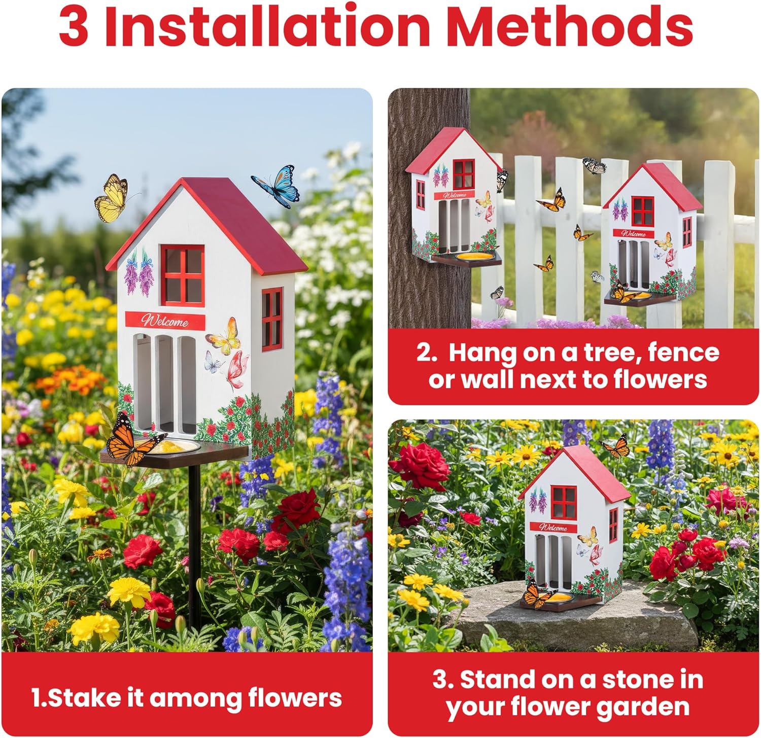 Butterfly House and Feeder for Outside - Wooden Butterfly Shelter with Metal Stake for Garden - 3 Mount Options - Weatherproof - Easy Cleaning – Butterfly Habitat & Garden Decor