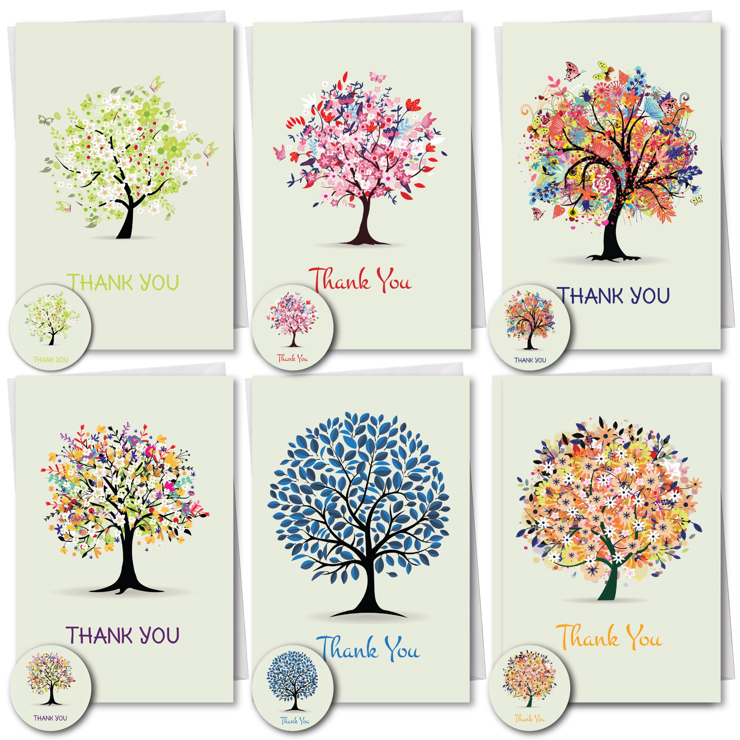 SIMPLY GIFTED Thank You Cards Multipack of 12/24 with Envelopes & Matching Thank You Stickers -6 Tree Designs 10x15cm Blank Inside No-Smudge Writing -Thankyou Cards for Teachers Kids -Made in UK — image 1