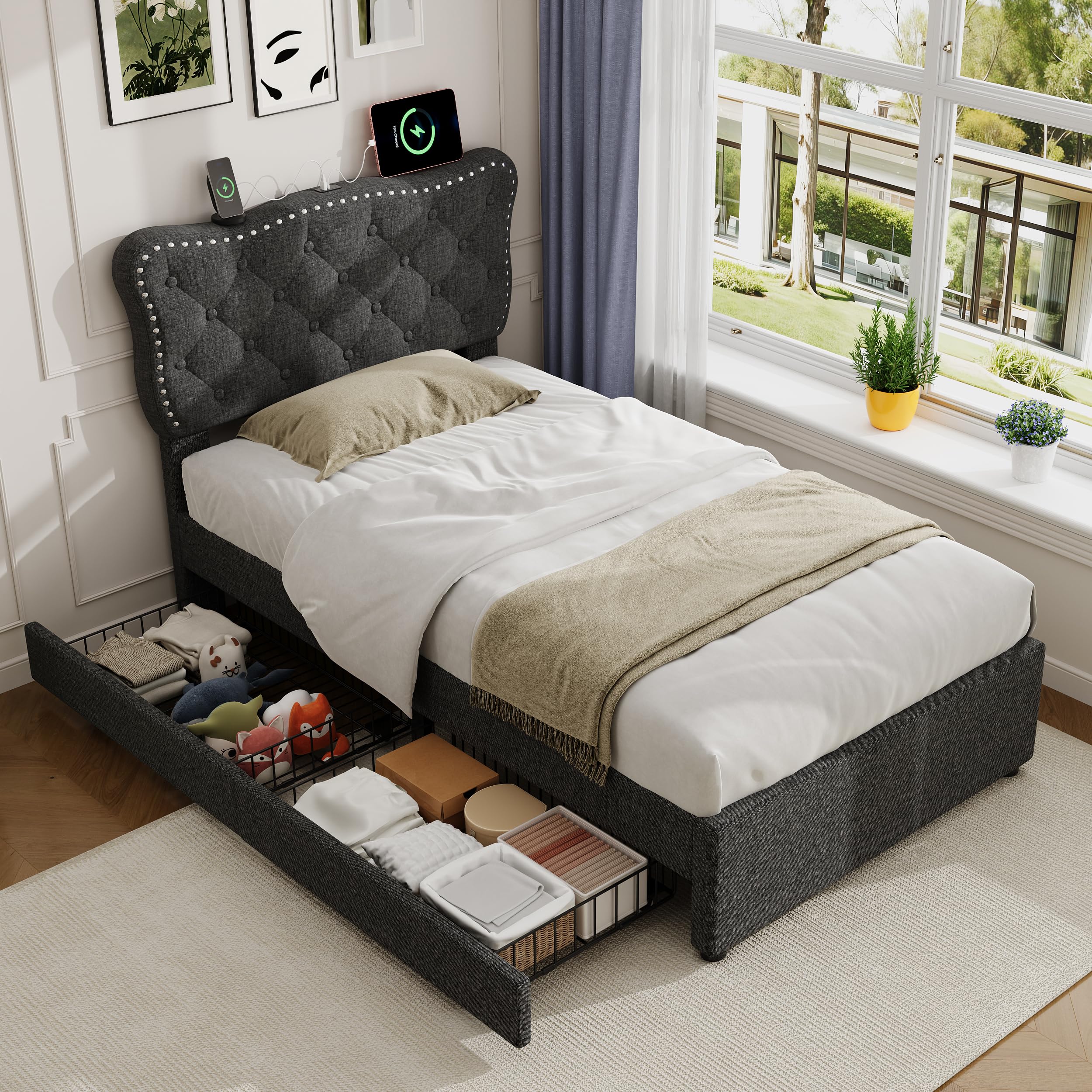 BTM 3ft Single Bed Frame with Storage, Rivet Design Headboard, Charging Station Upholstered Bed with Drawers Grey (No Mattress)