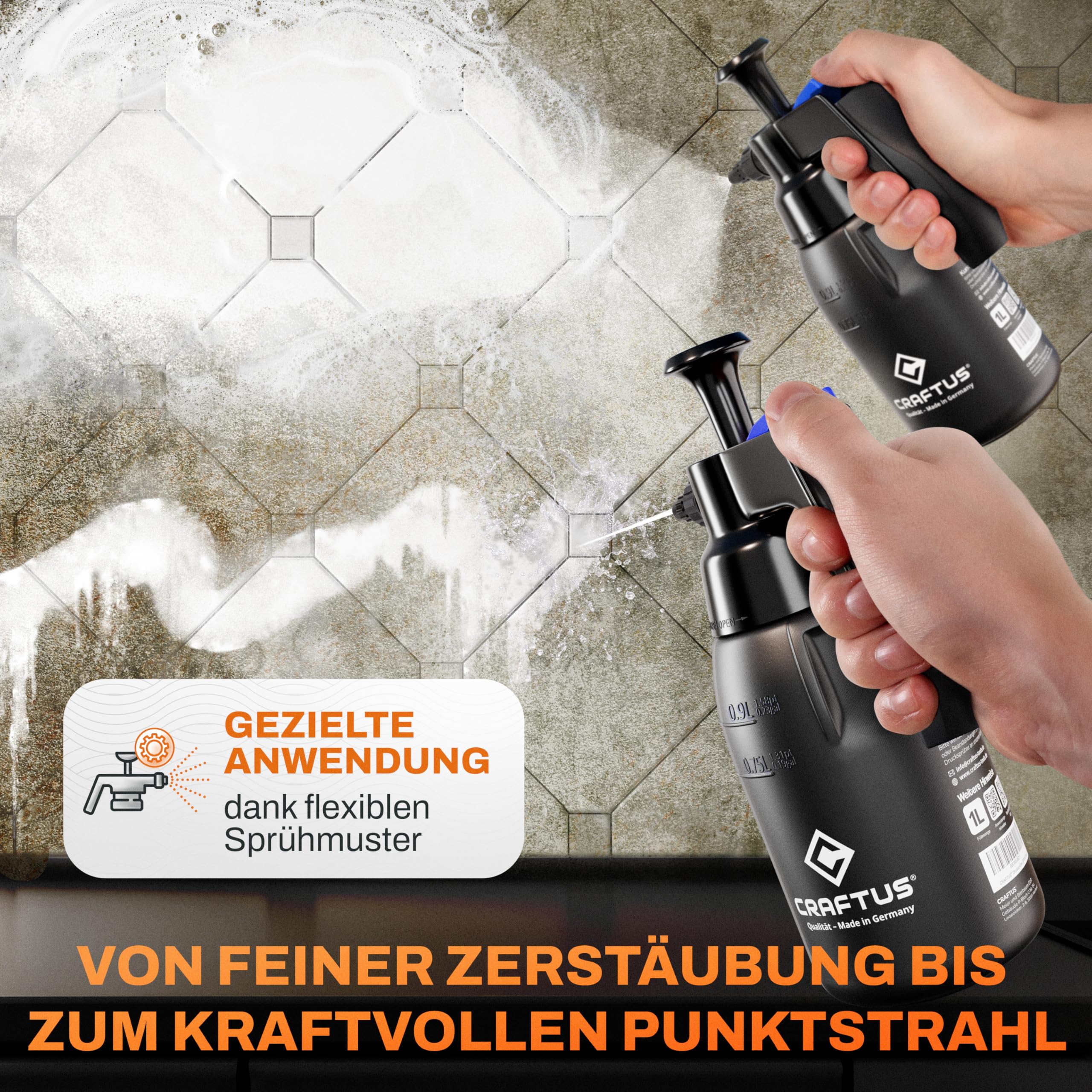 CRAFTUS® Drucksprüher 1L für gleichmäßige Verteilung von Flüssigkeit I Pumpsprühflasche für den Haushalt [EPDM] I Pumpflasche mit Überdruckventil & Verstellbarer Düse