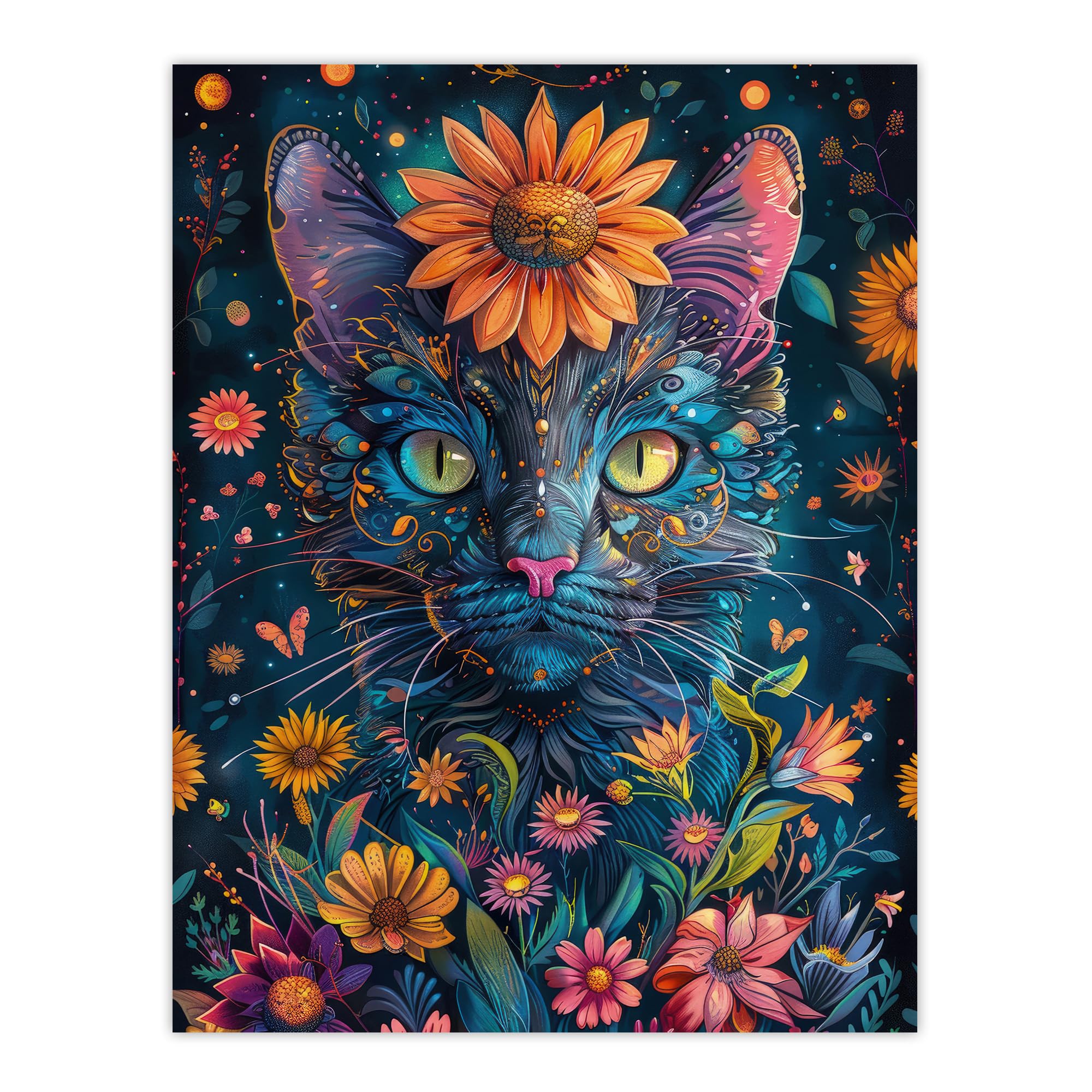 Artery8 Mystic Cat in Flowers Hippy Night Abstract Animal For Living Room Large Wall Art Poster Print Thick Paper 18X24 Inch