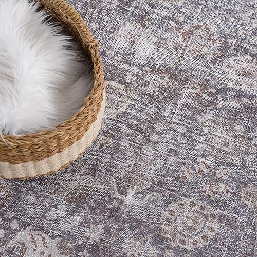 Miniatura 8 de Bloom Rugs - Alfombra lavable de 7 pies color marrón y gris oscuro, tapete desgastado para entradas, pasillos y cocinas