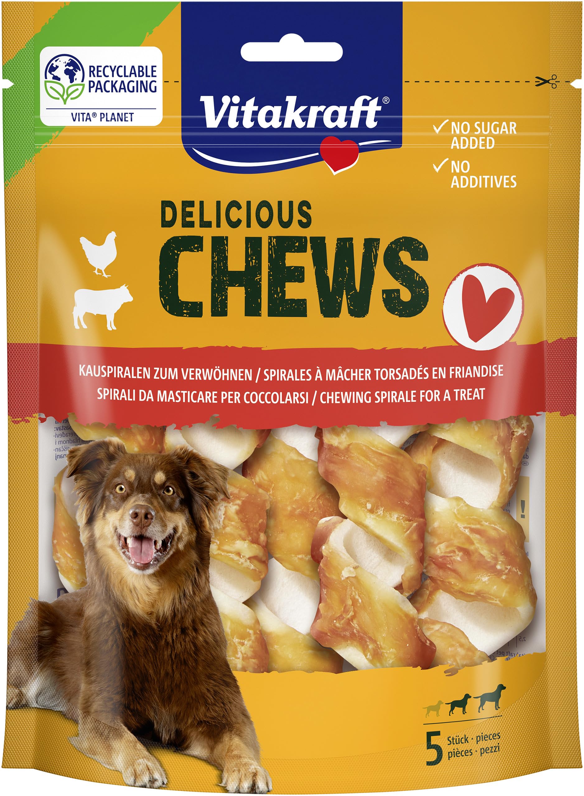 Vitakraft Delicious Chews, Hundekauknochen, Kauspirale aus Rinderhaut umwickelt mit Hühnchenfleisch, zur Beschäftigung, ohne Zusatz von Zucker (1x 100g)