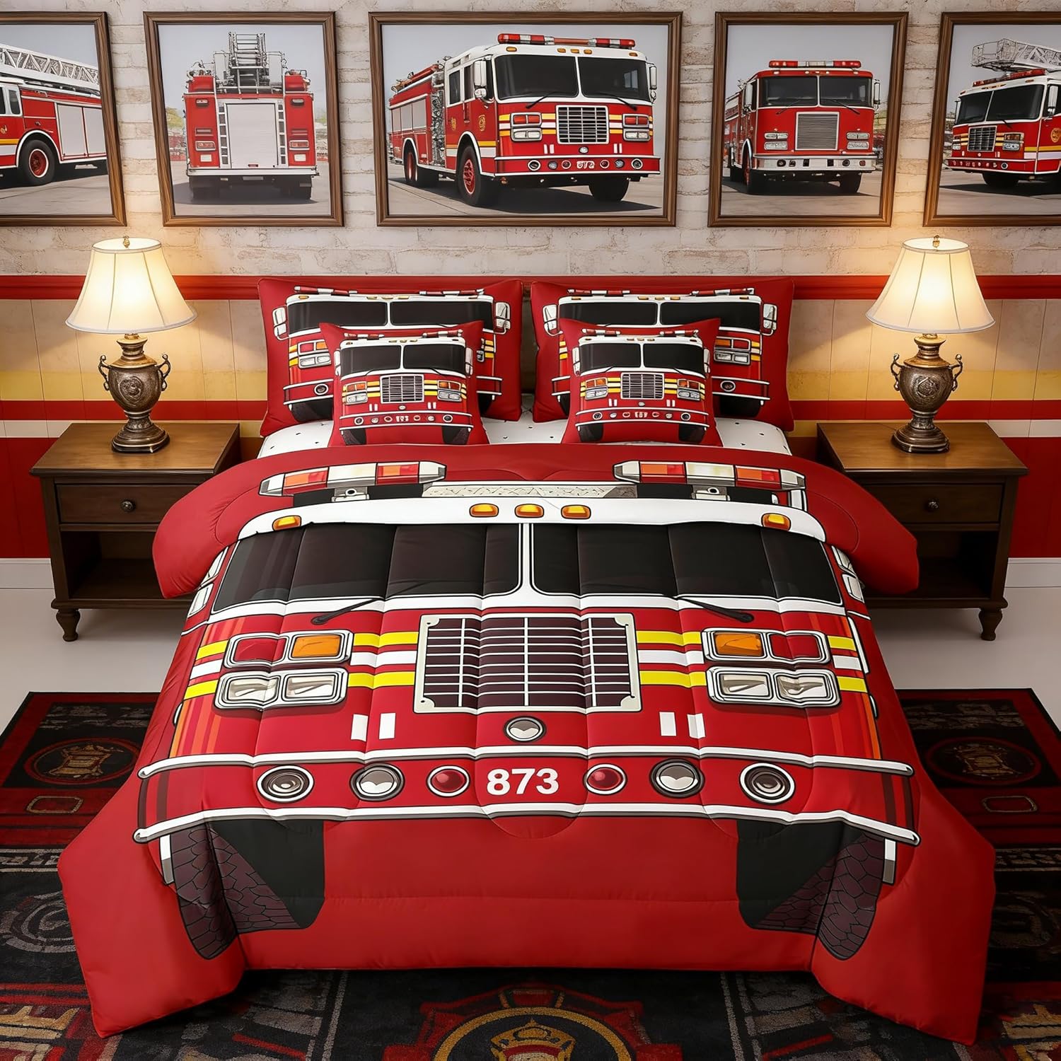 Manfei 7 Pieces Fire Truck Kids Comforter Set Queen Size, Red Fire Engine Bedding Set for Boys Girls Teens, Fire Fighting Truck Bed in a Bag with Comforter, Fitted Sheet, Top Sheet and Pillowcases
