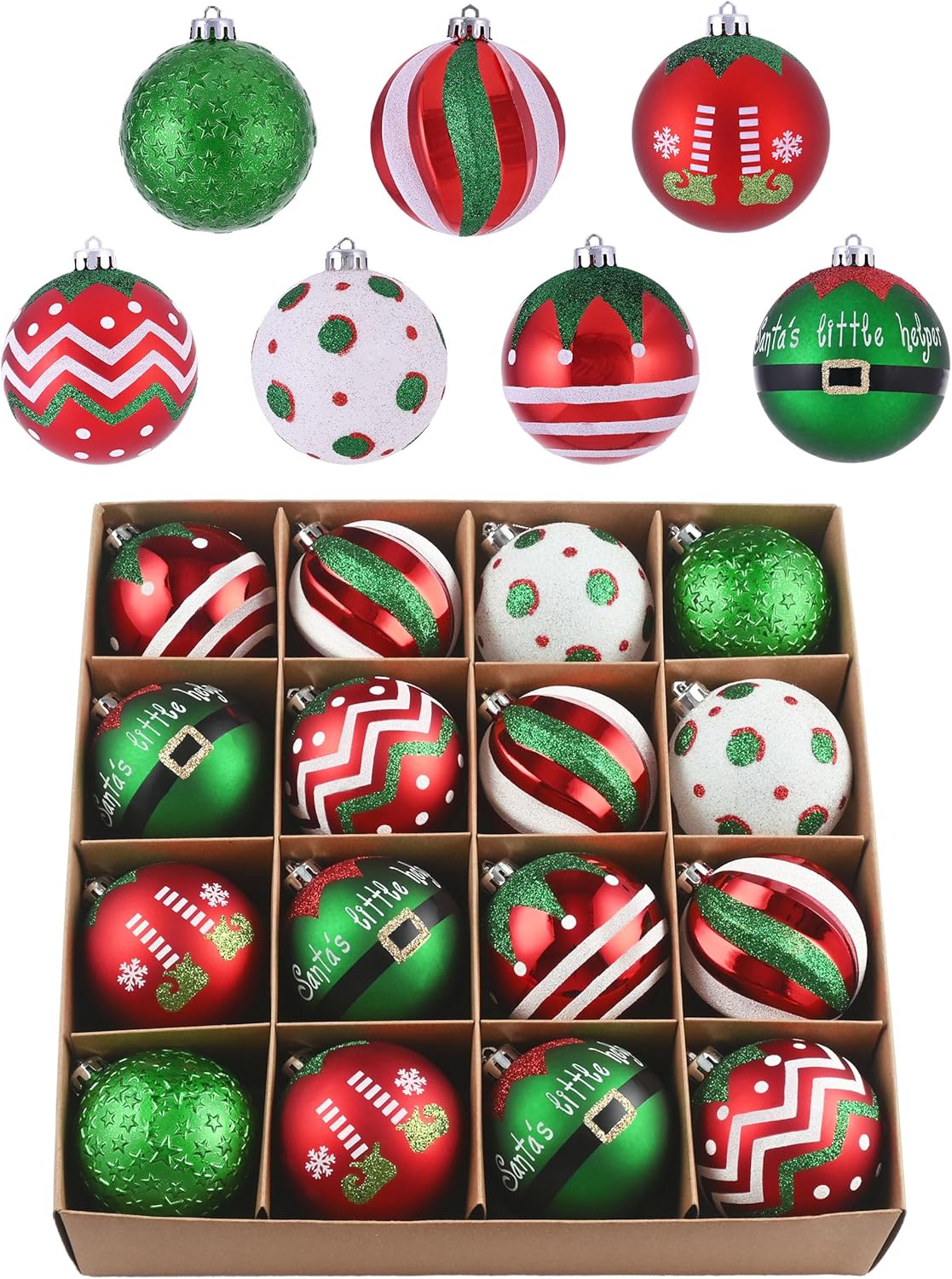 Valery Madelyn Large Christmas Ornaments Tree Decorations, 16ct Elf Red Green White Shatterproof Christmas Ball Ornaments Set, 3.15 Inch Decorative Hanging Ornament Bulk for Xmas Holiday Party Decor