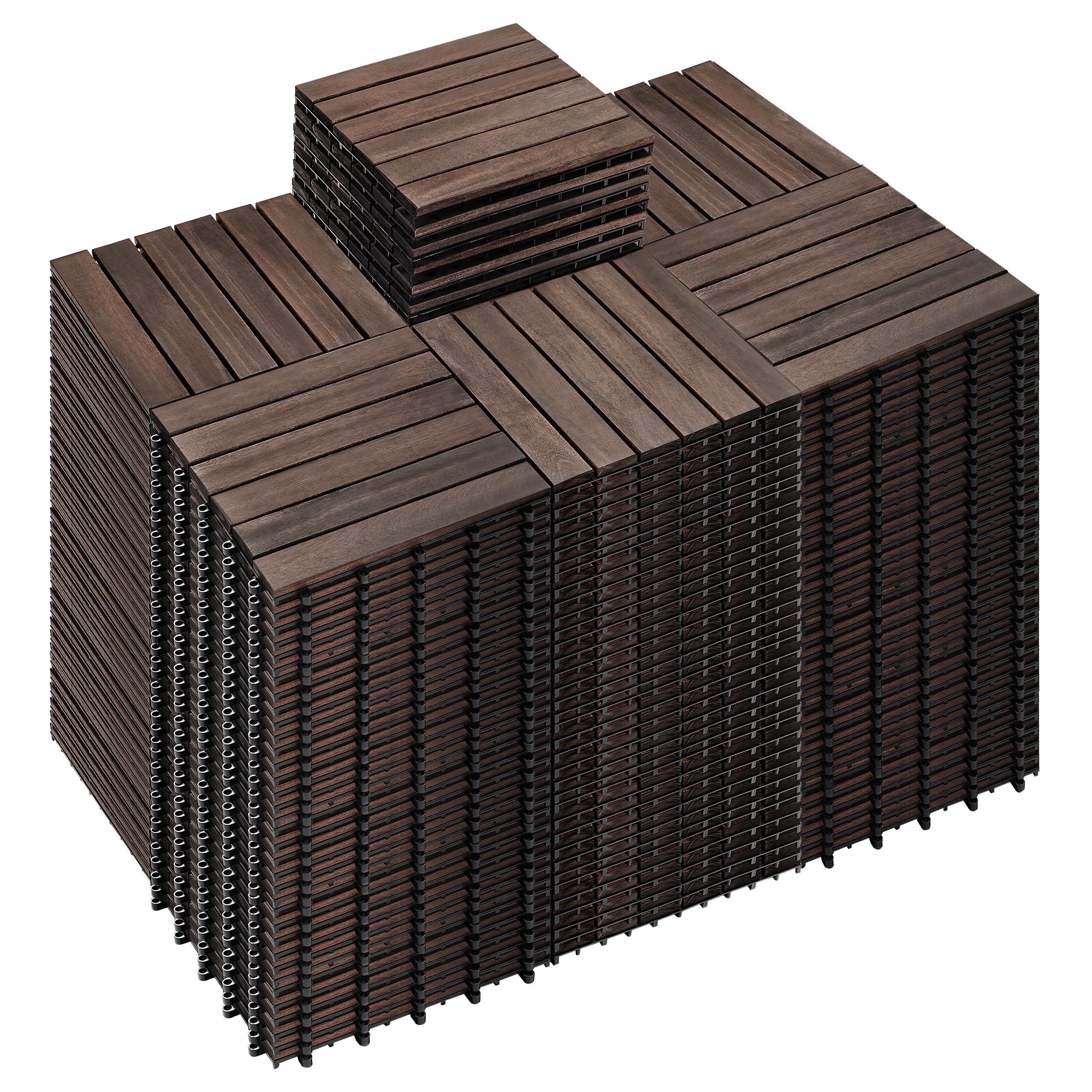 PrimeZone 216 PCS Solid Acacia Wood Interlocking Patio Deck Tiles - 12" x 12" Outdoor Waterproof Flooring Decor for Balcony, Backyard, Garden &