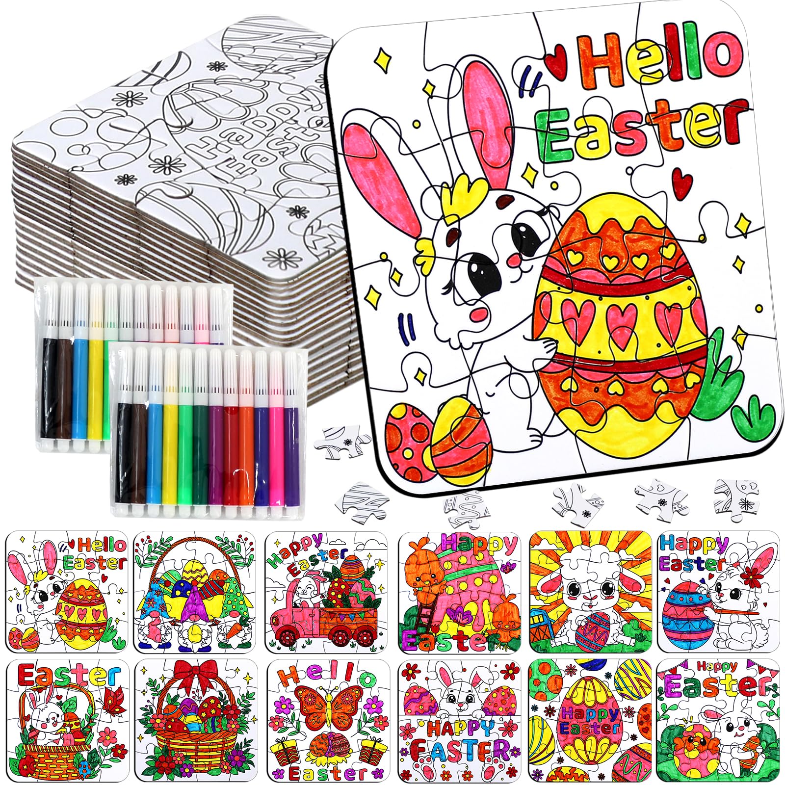 24 Pcs Easter Crafts Puzzle for Kids Ages 4-8, Easter Activities Arts DIY Jigsaw with Egg Bunny Basket Flower, Spring April Craft for Party Favors Gifts Christian Classroom Coloring Games Toy Bulk Easter Colorful
