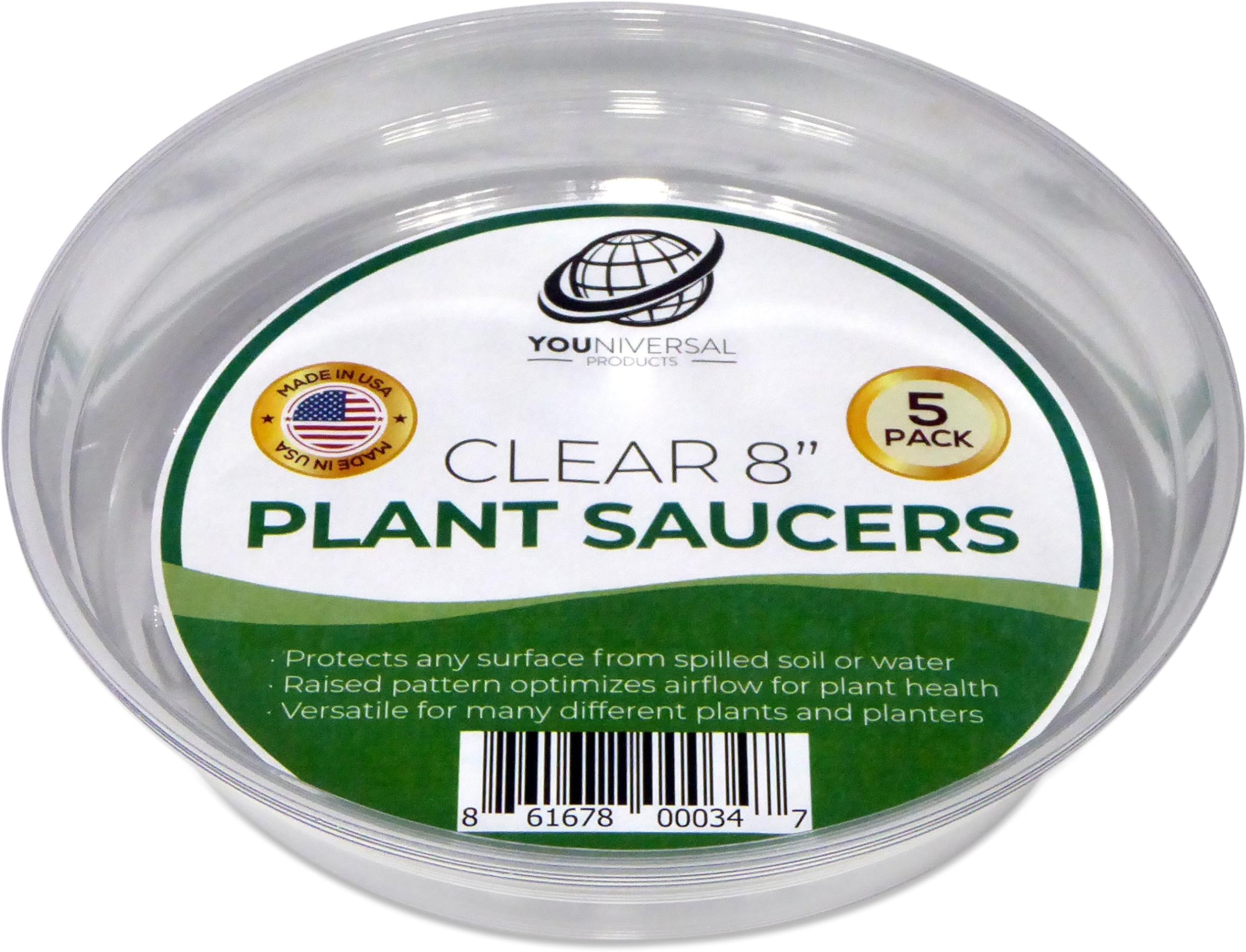 Plant Saucers (Pack of 5) - 8” Clear Durable Plant Saucer for Indoor & All-Weather Outdoor Use - Catch Dirt & Water from Plant Pots to Stop Messes & Stains in Your Home & Garden