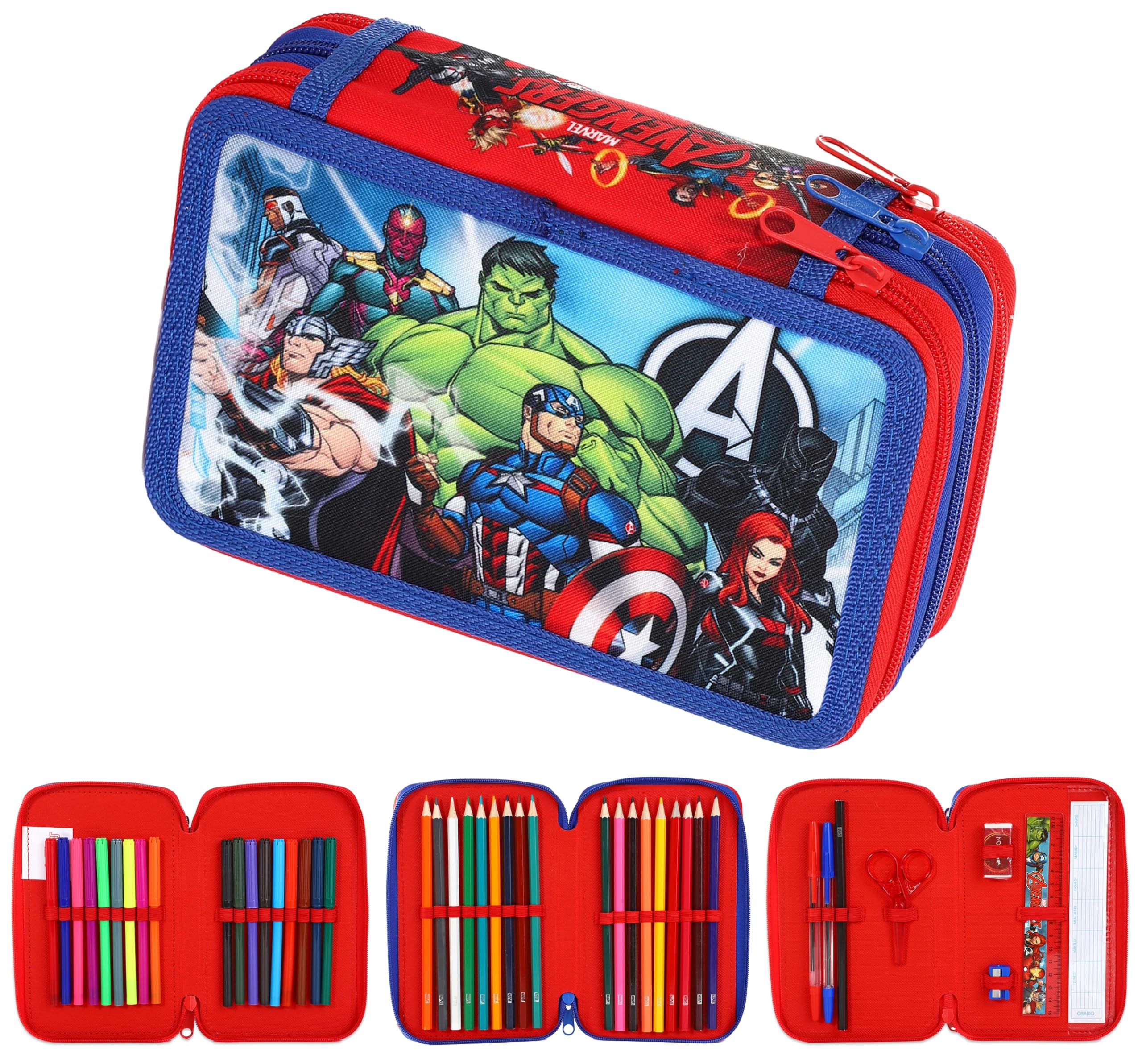Avengers Filled Pencil Case for Kids – 3 Zipped Compartments with Colouring Pens, Pencils, Ruler, Scissors & More – Avengers Stationery Set for Boys & Girls – Back to School Supplies Pencil Case Gift