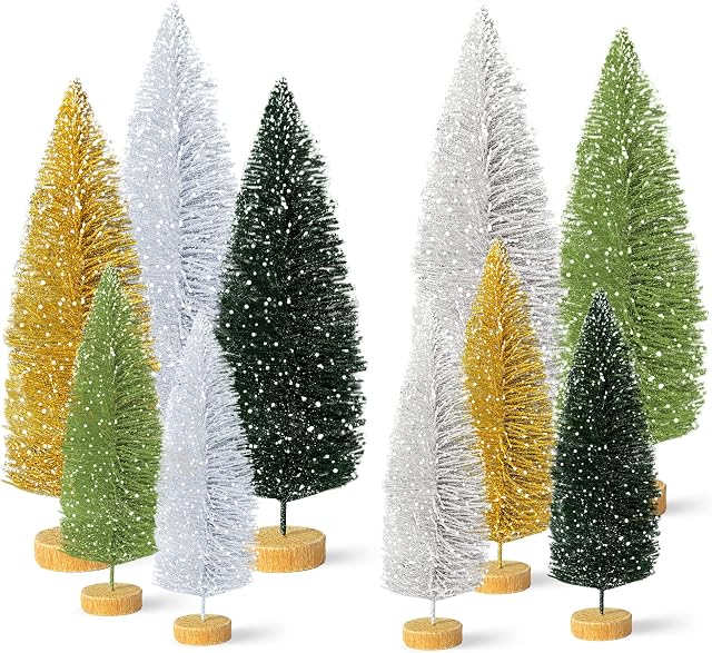 Small Snow Christmas Tree 10Pcs Artificial Frost Trees Bottle Brush Fake Trees with Wooden Base Mini Ornaments Tabletop Trees Plastic Winter DIY Crafts Mini Pine Tree for Tabletop Decorative