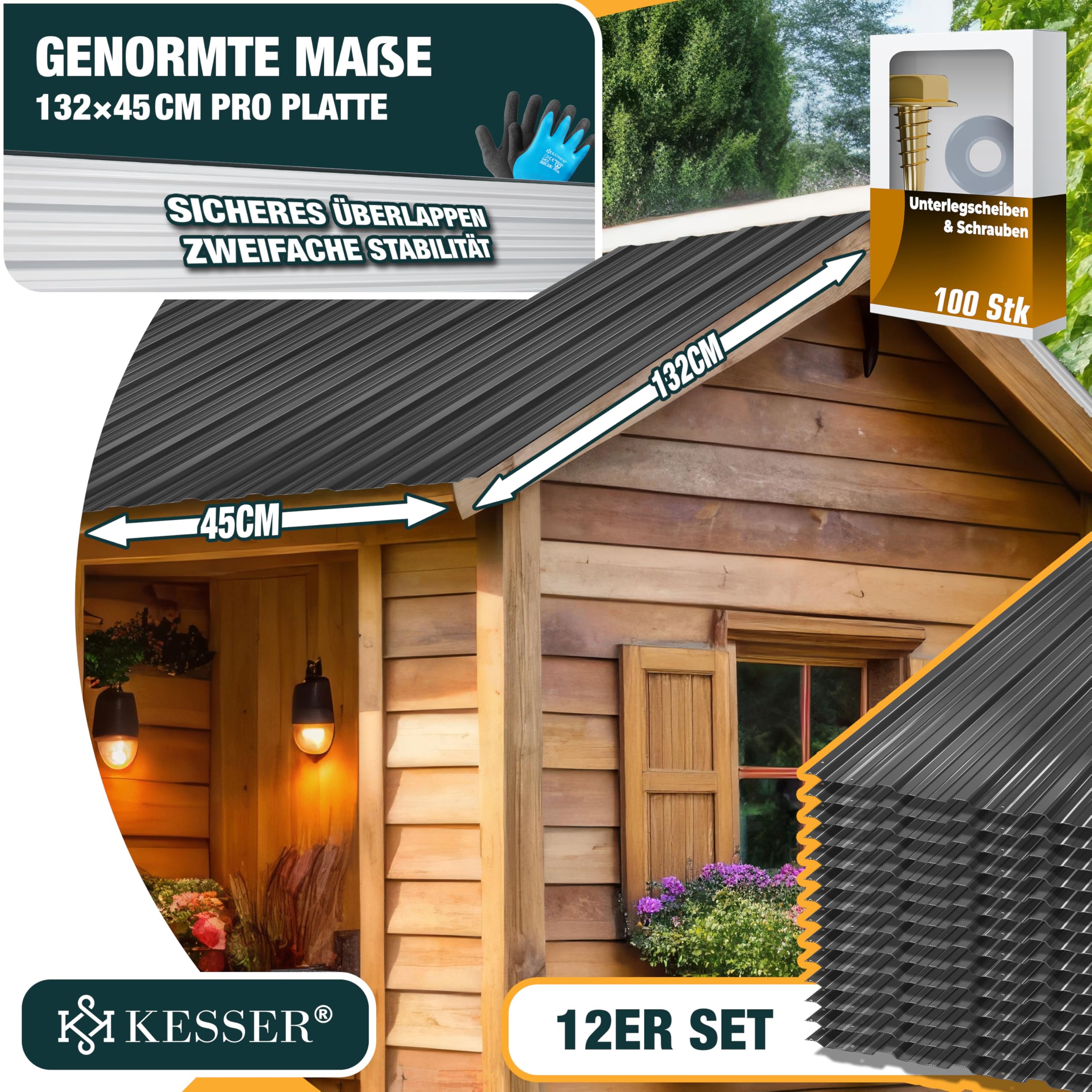 KESSER® 12 Stück Trapezblech Profilblech Set 129x45cm, 7 m² Dachblech verzinkter Stahl 0,25mm, Dachplatten für Gerätehaus, Schuppen & Dach + Schrauben, Unterlegscheiben & Montagehandschuhe, Anthrazit