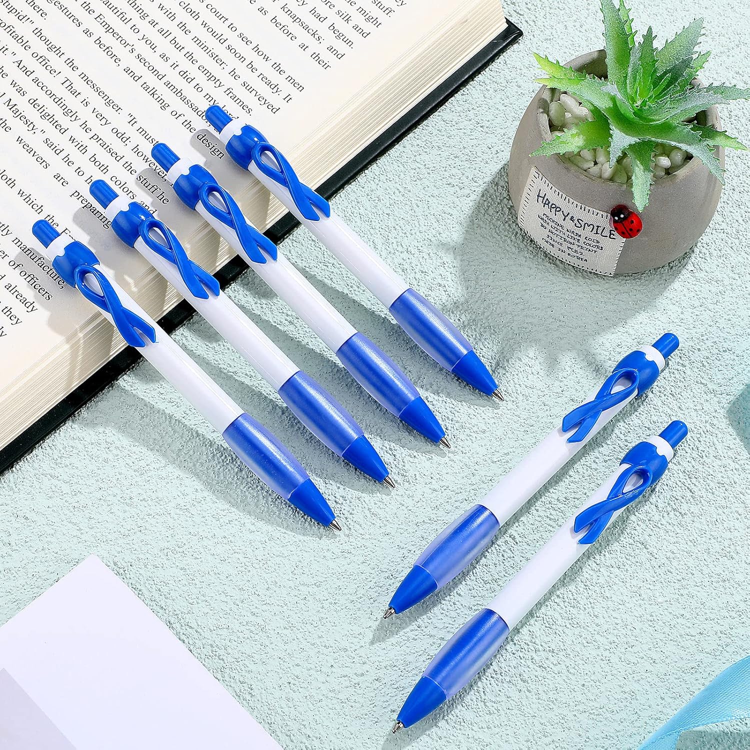 Yexiya 100 Pcs Awareness Blue Ribbon Pen Bulk 1.0 mm Abuse Awareness Message Pens Colon Cancer Retractable Ribbon for Mental Health Charity Volunteers Fundraisers Event Campaign Party Supplies