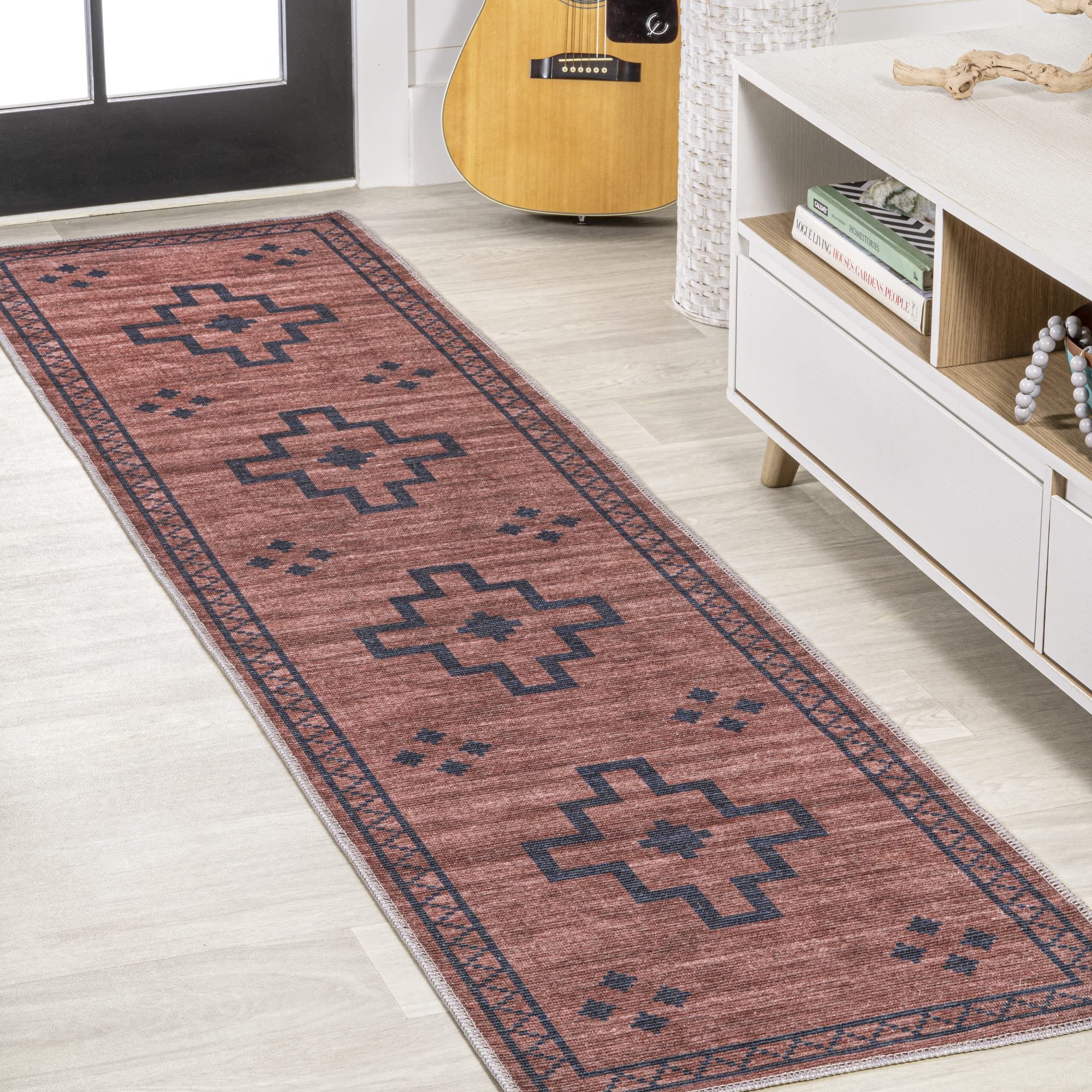 JONATHAN Y WSH118A-28 Korsa Geometric Medallion Machine-Washable Indoor Area Rug, Bohemian Southwestern Rustic Easy Cleaning,Bedroom,Kitchen,Living Room,Non Shedding, Brown/Navy, 2 X 8