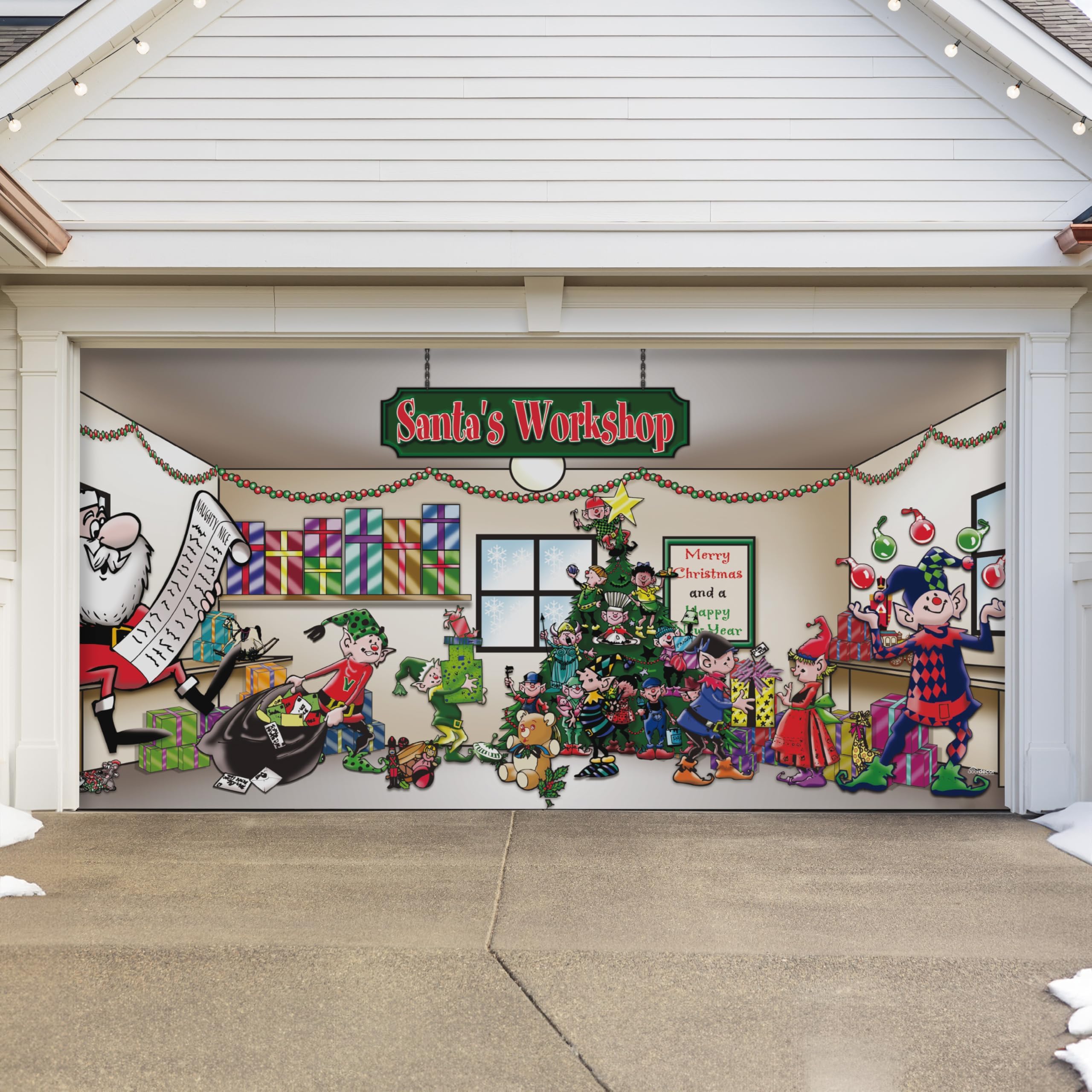 7' x 16' Magical Santa’s Workshop Christmas Garage Door Banner - Designed to Move with Door | Festive Holiday Double Garage Door Decoration