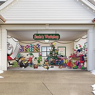 7' x 16' Magical Santa’s Workshop Christmas Garage Door Banner - Designed to Move with Door | Festive Holiday Double Garage Door Decoration