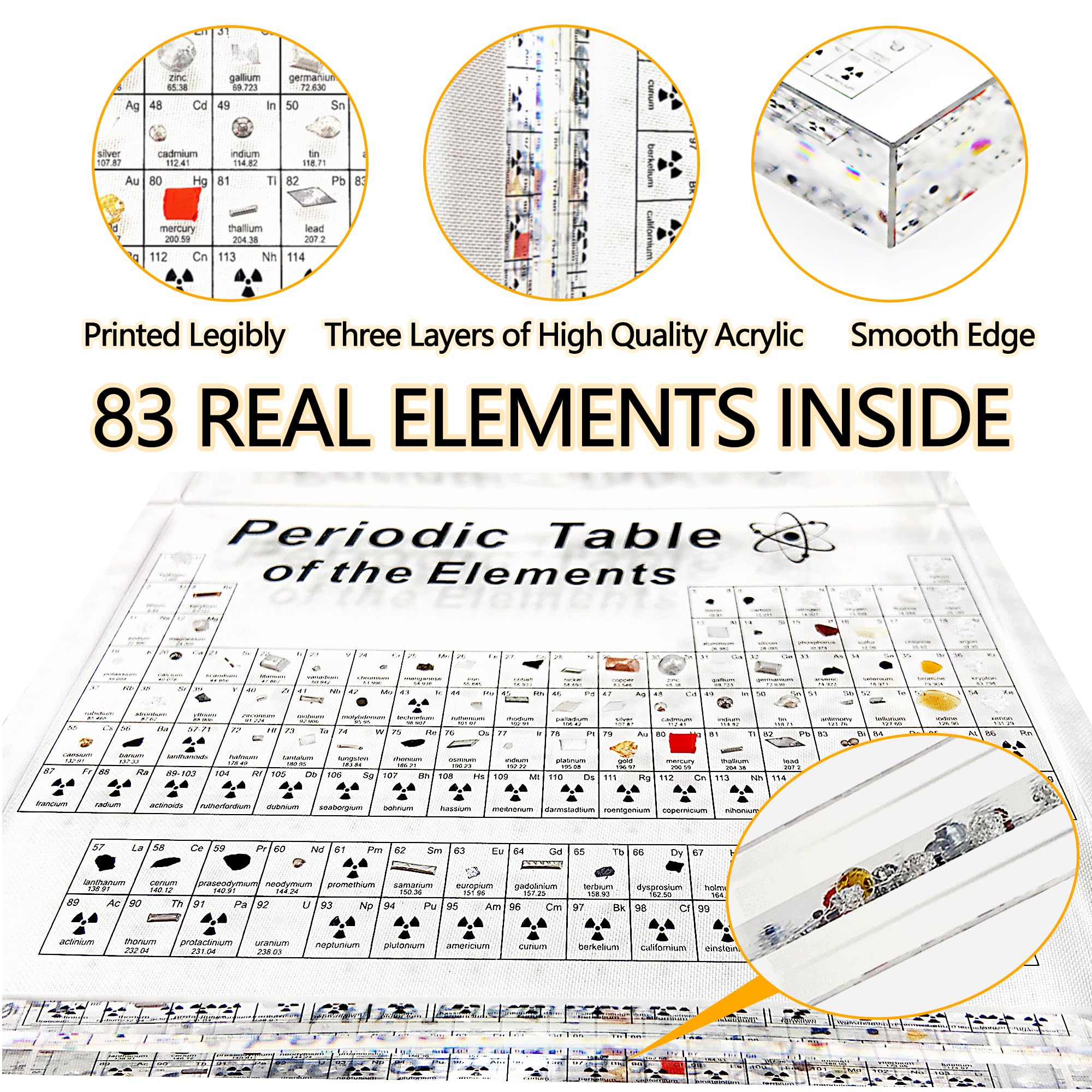 Großes Periodensystem der Elemente mit echten Elementen, 21,6 cm, Acryl-Periodensystem-Poster, beleuchteter Ständer, Basteldekoration, Lehrwerkzeug, Chemie, Geschenk für Kinder, Erwachsene, Studenten,
