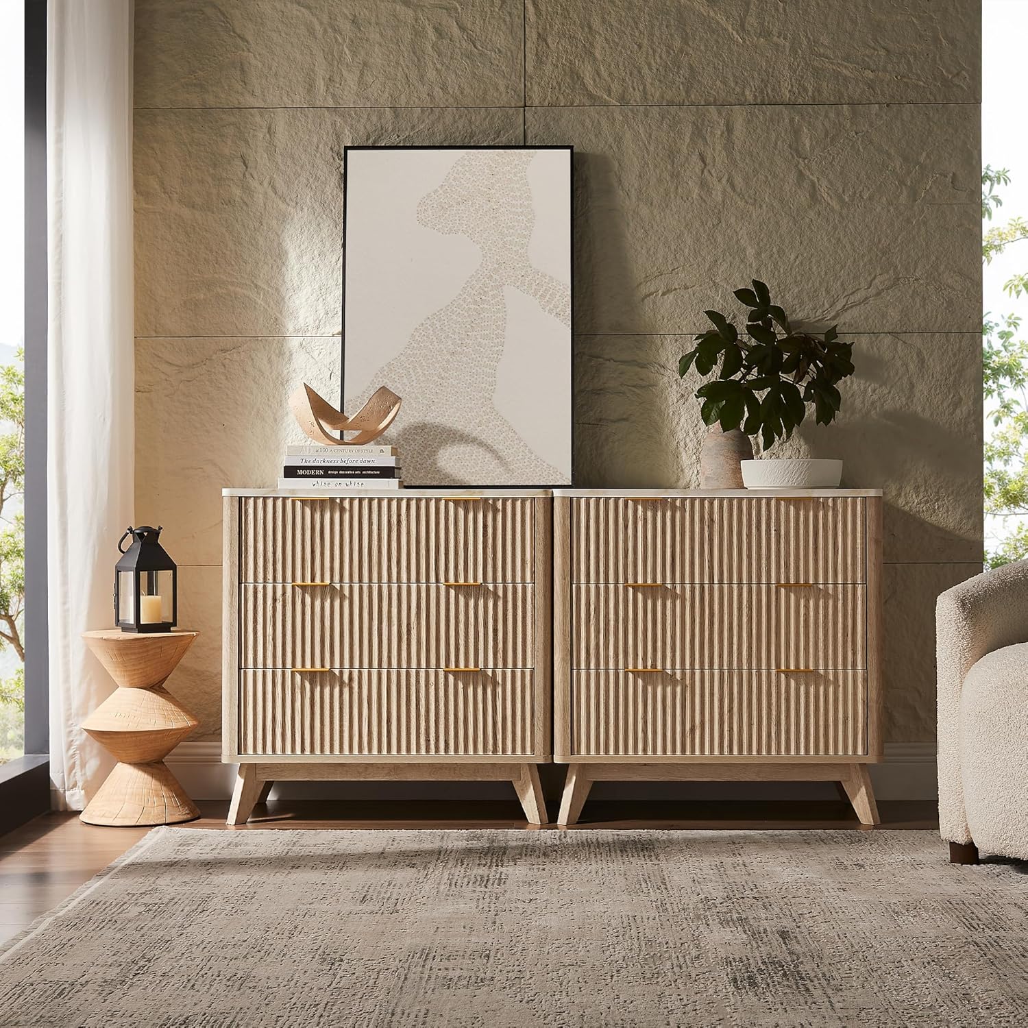 T4TREAM Set of 2 Fluted 3 Drawer Dresser, 32" Tall Modern Chest of Drawers with Faux Marble Top, Curved Profile Design, Wood Organizer for Bedroom, Living Room, Hallway, Entryway, Natural Oak