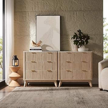 T4TREAM Set of 2 Fluted 3 Drawer Dresser, 32 Tall Modern Chest of Drawers with Faux Marble Top, Curved Profile Design, Wood Organizer for Bedroom, Living Room, Hallway, Entryway, Natural Oak