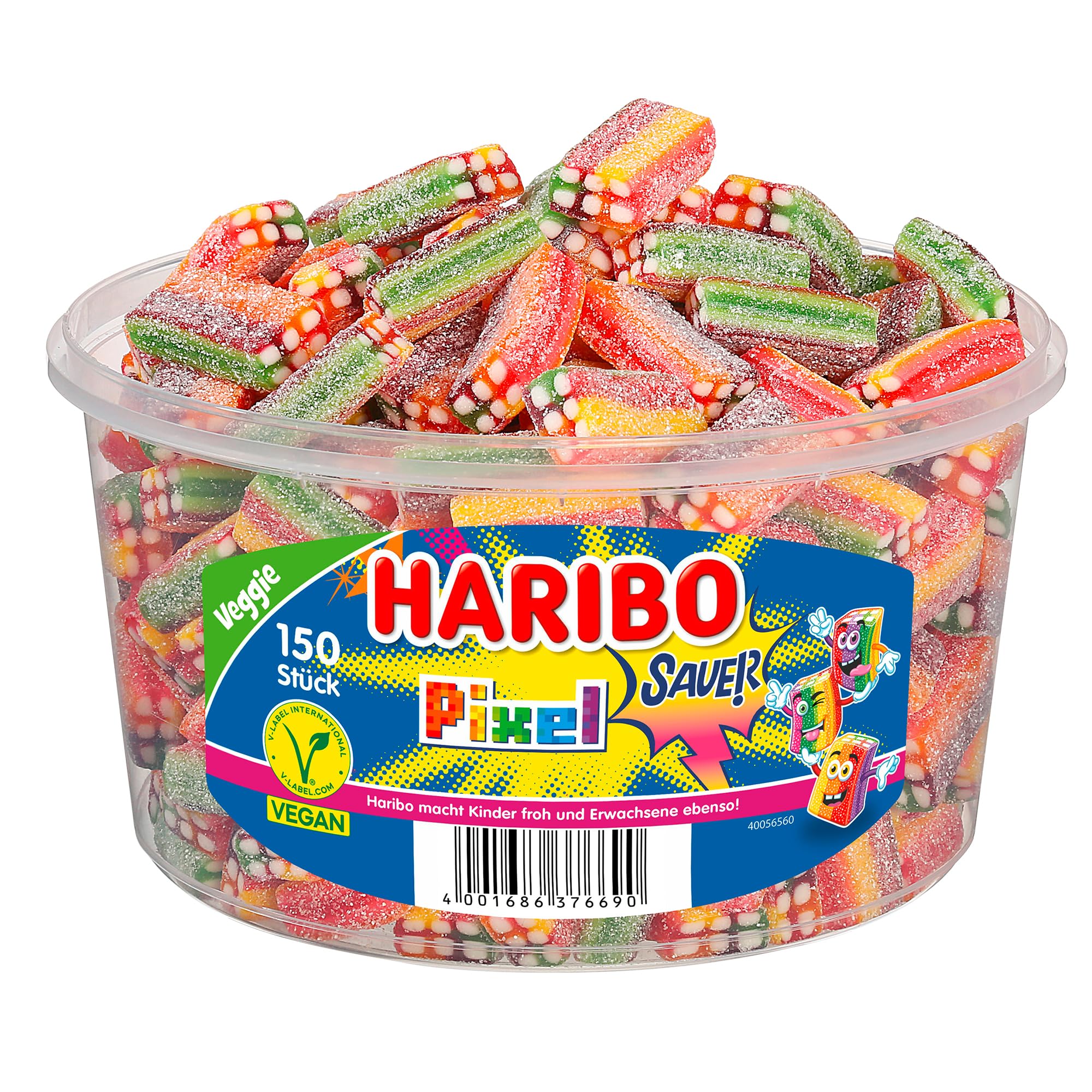Haribo Rainbow Pixel Sauer – 150 Stück Runddose (1,2 kg) – Saure Fruchtgummi-Pixel in bunten Farben – Große Vorratsdose für Party, Büro & Sharing