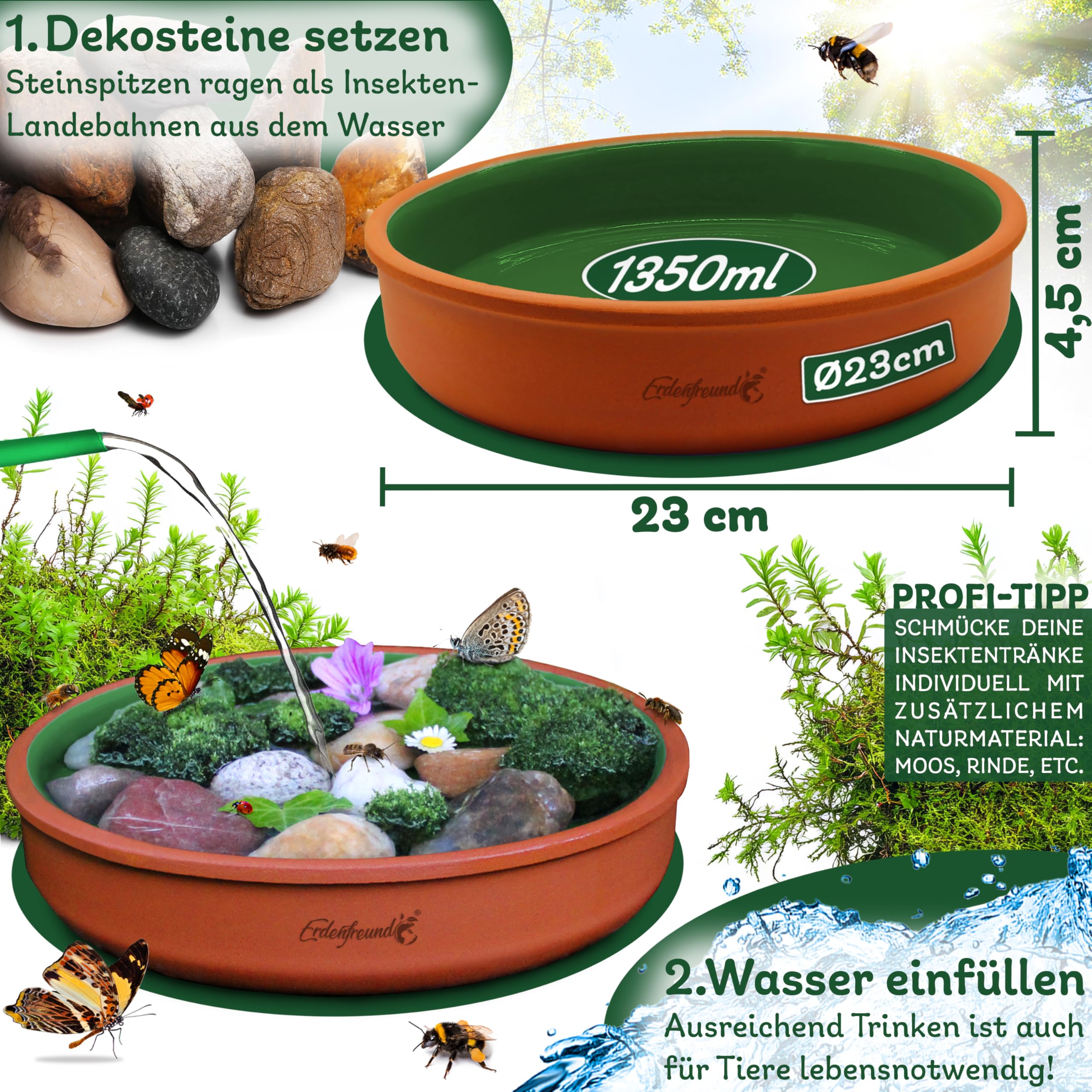 ERDENFREUND® Bienentränke Keramik + Dekosteine >1000°C feuerveredelte Insektentränke Keramik mit Innenglasur moosgrün hygienisch spülmaschinentauglich (Ø23cm Bienentränke inkl. Dekosteinen)