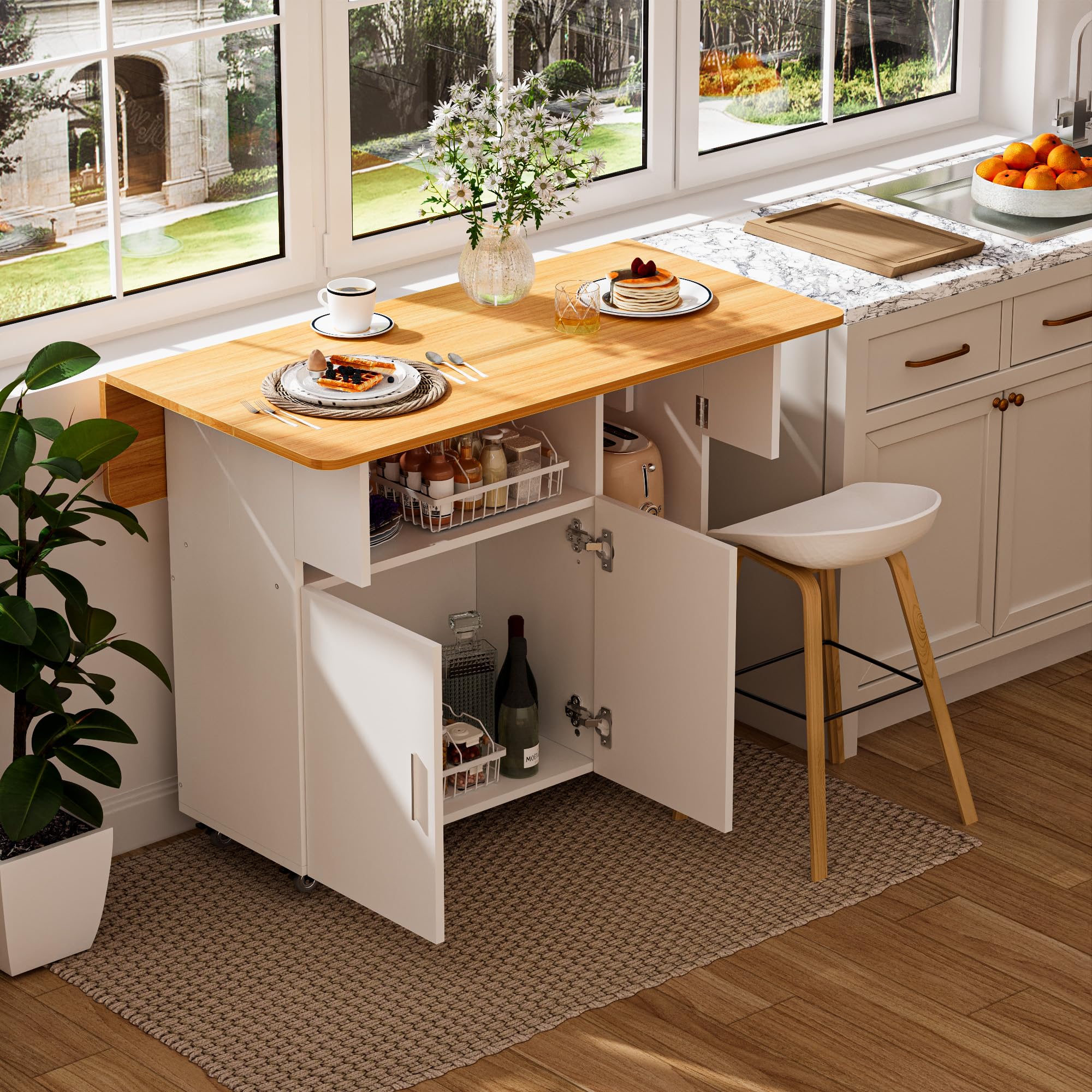 Mesa de Comedor Plegable Mesa de Cocina con Ruedas 1 Armario Grande y 3 Compartimento Abierto Aparador móvil Mesas para Espacios pequeños Comedor Cocina 100 x 70 x 79 cm Naranja y Blanco